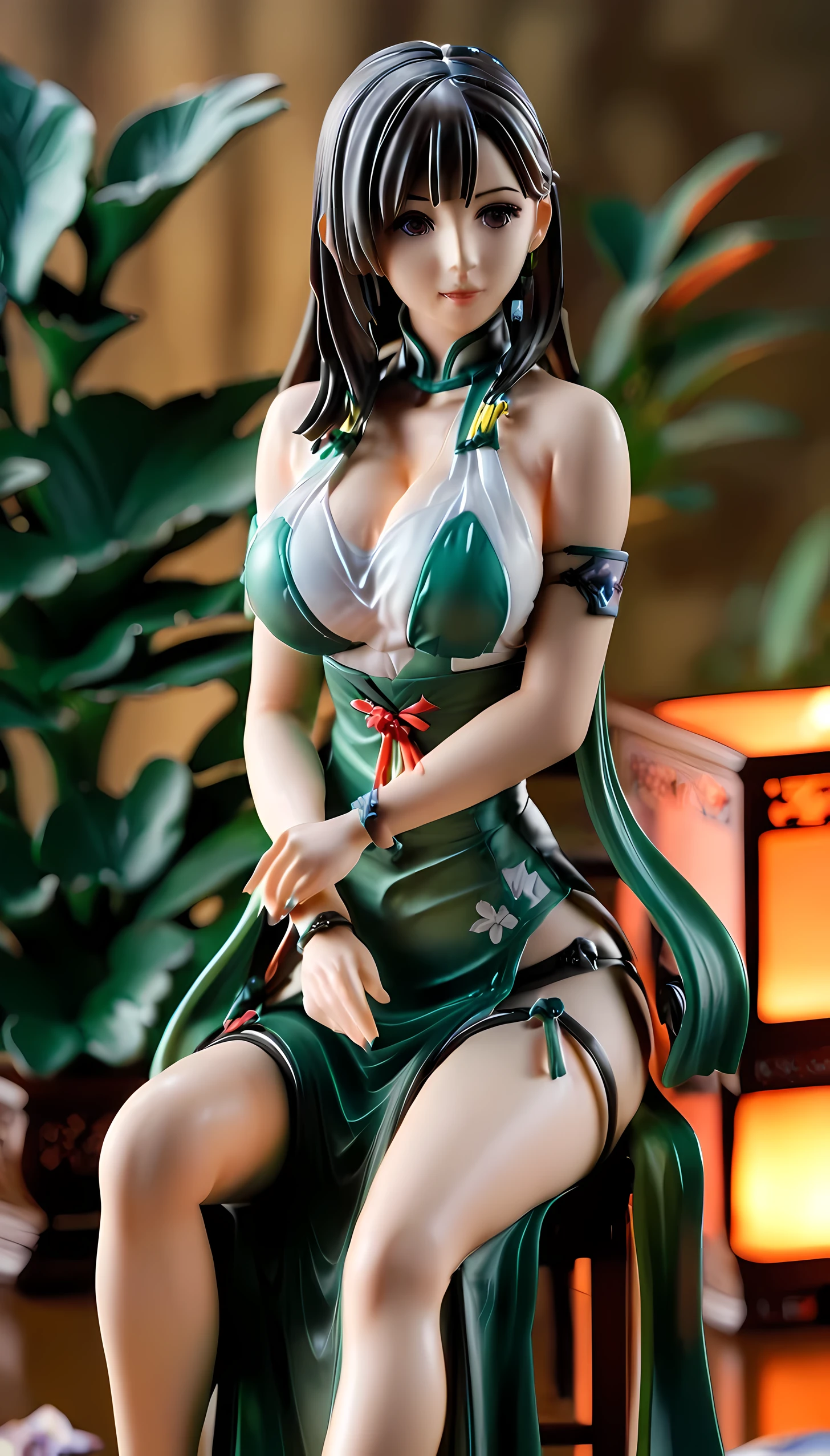Close-up of a woman in black dress sitting at a table, seductive Tifa lockhart portrait, ( Very detailed pictures ), Tifa, Detailed images, 8k high quality detailed art, portrait of Tifa lockhart, additional details, High resolution details, full body xianxia, Tifa lockhart portrait, Very detailed and high quality, high detail), PVC statue