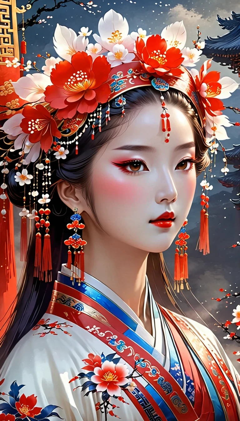 (masterpiece, best quality:1.2),，Nuwa holds the sacred stone，Fix the big hole in the sky。Her body is painted red，Symbolizes her courage and strength。Her hair and clothes are white，Symbolizing her purity and holiness。around her，is a dark sky，Symbolizes disaster and danger。Nuwa’s sacred stone shines brightly，Illuminates the whole picture，Symbolizes hope and redemption。 Close-up of woman wearing floral headdress, palace ， girl wearing hanfu, beautiful fantasy queen, ancient chinese princess, ((beautiful fantasy queen)), chinese princess, queen of china, beautiful figure painting, Gurwitz style artwork, A beautiful artistic illustration, guweiz, Beautiful digital art work, Beautiful digital illustration