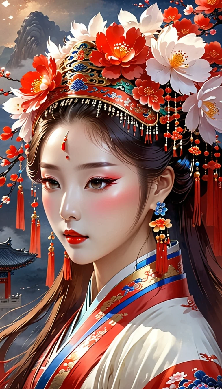 (masterpiece, best quality:1.2),，Nuwa holds the sacred stone，Fix the big hole in the sky。Her body is painted red，Symbolizes her courage and strength。Her hair and clothes are white，Symbolizing her purity and holiness。around her，is a dark sky，Symbolizes disaster and danger。Nuwa’s sacred stone shines brightly，Illuminates the whole picture，Symbolizes hope and redemption。 Close-up of woman wearing floral headdress, palace ， girl wearing hanfu, beautiful fantasy queen, ancient chinese princess, ((beautiful fantasy queen)), chinese princess, queen of china, beautiful figure painting, Gurwitz style artwork, A beautiful artistic illustration, guweiz, Beautiful digital art work, Beautiful digital illustration