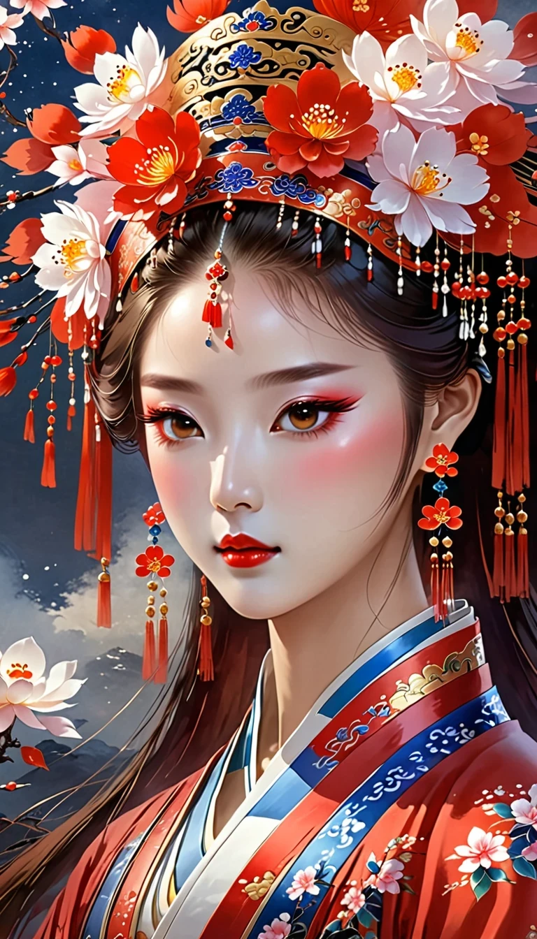 (masterpiece, best quality:1.2),，Nuwa holds the sacred stone，Fix the big hole in the sky。Her body is painted red，Symbolizes her courage and strength。Her hair and clothes are white，Symbolizing her purity and holiness。around her，is a dark sky，Symbolizes disaster and danger。Nuwa’s sacred stone shines brightly，Illuminates the whole picture，Symbolizes hope and redemption。 Close-up of woman wearing floral headdress, palace ， girl wearing hanfu, beautiful fantasy queen, ancient chinese princess, ((beautiful fantasy queen)), chinese princess, queen of china, beautiful figure painting, Gurwitz style artwork, A beautiful artistic illustration, guweiz, Beautiful digital art work, Beautiful digital illustration