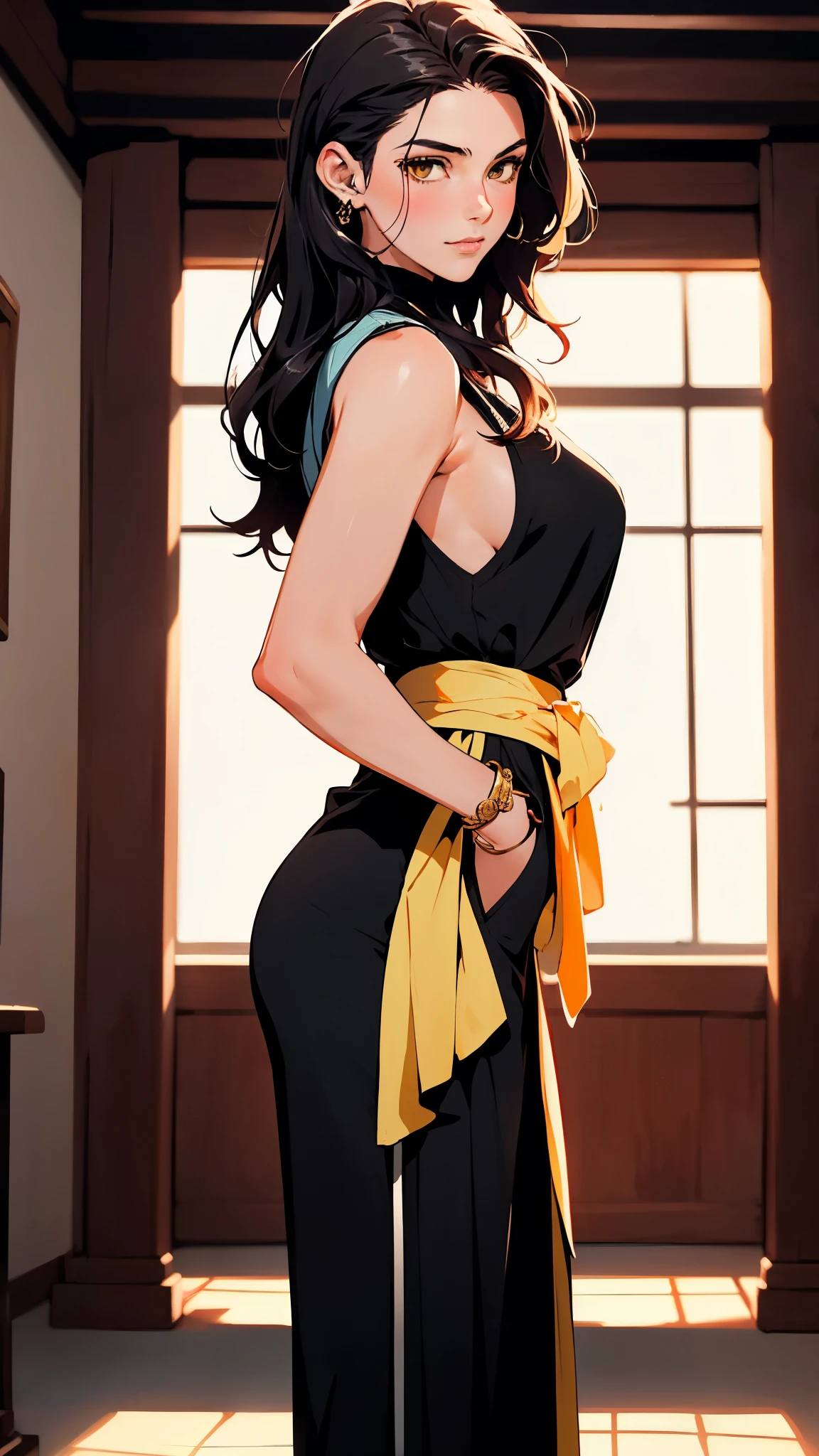 ((A girl with long deep red wavy hair)), slender upturned eyebrows, sharp eyes, delicate features, ((a mix of Central Asian and European facial characteristics)), a hint of a smile at the corner of her mouth, exuding confidence, her figure is svelte, ((a fantasy-style long dress designed for both ease of movement and regal elegance, loose and comfortable trousers that match the outfit for ease of movement, red and white as the main color, complemented by yellow accents)), proudly standing with hands on hips, the scene is set in a majestic fantasy-style ancient city that melds Chinese and Japanese architectural influences, this character embodies a finely crafted fantasy martial arts-style female warrior in anime style, exquisite and mature manga art style, perfect nose, perfect mouth, perfect eyes, perfect hair, Perfect skin, textured skin, detailed skin, porcelain skin, high definition, best quality, highres, ultra-detailed, ultra-fine painting, extremely delicate, professional, anatomically correct, symmetrical face, extremely detailed eyes and face, high quality eyes, creativity, RAW photo, UHD, 32k, Natural light, cinematic lighting, masterpiece-anatomy-perfect, masterpiece:1.5