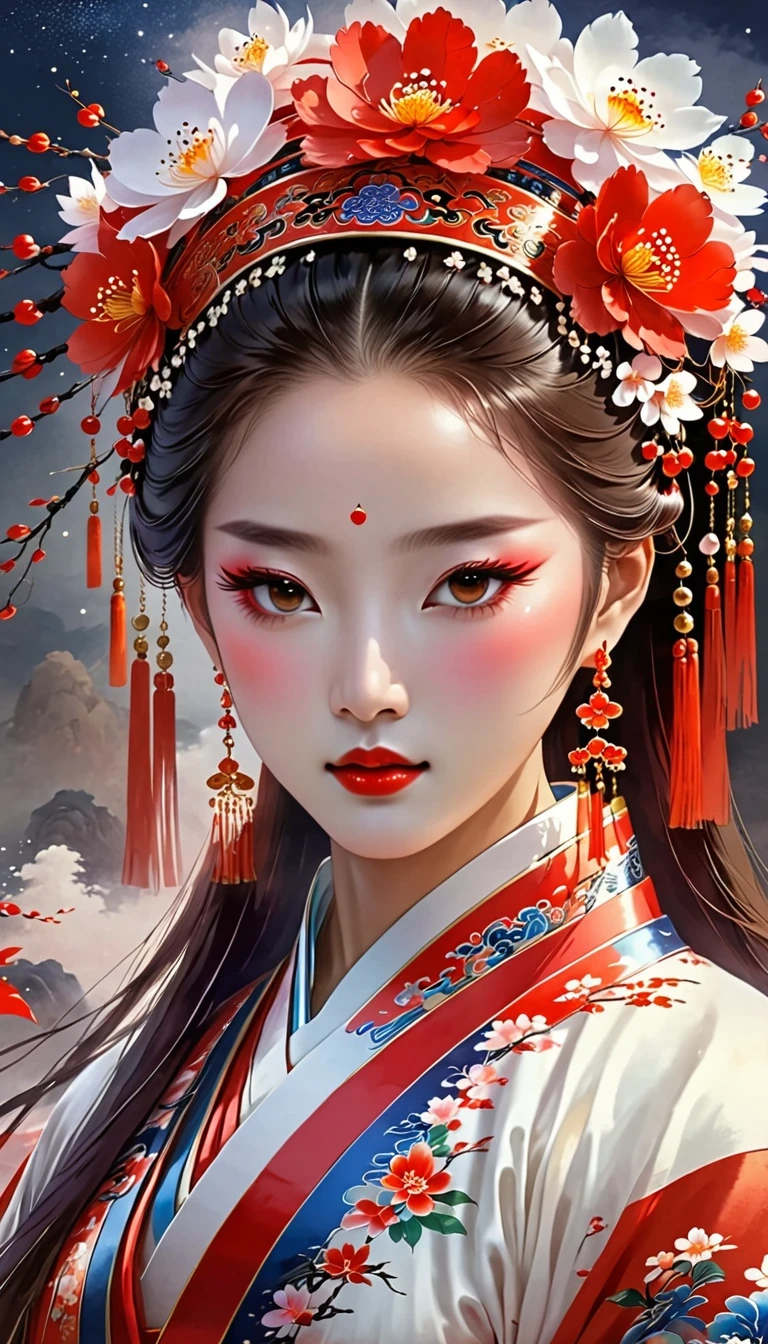 (masterpiece, best quality:1.2),,Nuwa holds the sacred stone,Fix the big hole in the sky。Her body is painted red,Symbolizes her courage and strength。Her hair and clothes are white,Symbolizing her purity and holiness。around her,is a dark sky,Symbolizes disaster and danger。Nuwa’s sacred stone shines brightly,Illuminates the whole picture,Symbolizes hope and redemption。 Close-up of woman wearing floral headdress, palace , girl wearing hanfu, beautiful fantasy queen, ancient chinese princess, ((beautiful fantasy queen)), chinese princess, queen of china, beautiful figure painting, Gurwitz style artwork, A beautiful artistic illustration, guweiz, Beautiful digital art work, Beautiful digital illustration