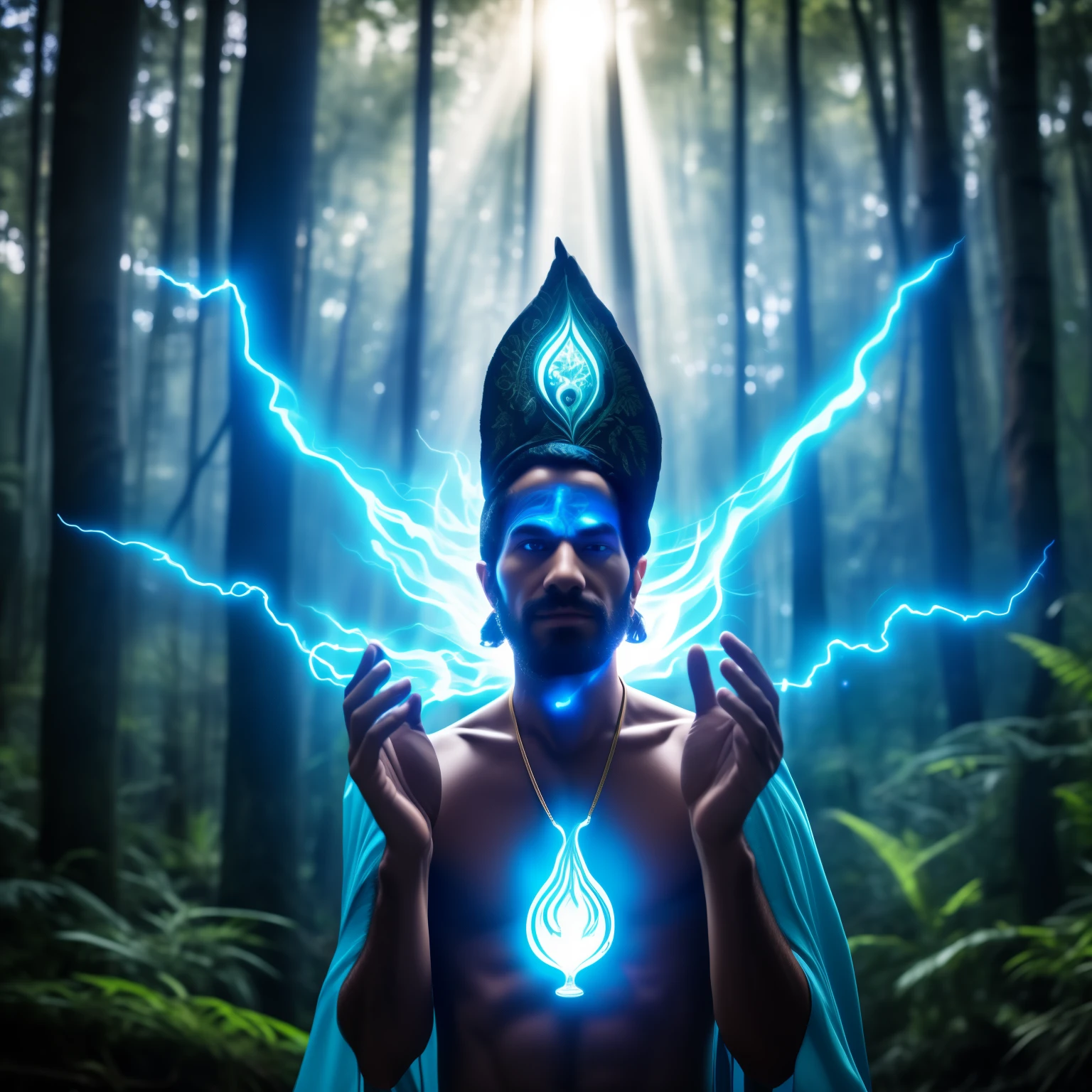 arafed man with a glowing star in his hands in a forest, a shaman holding up the universe, ayahuasca shaman, the ayahuasca spirit, emanating with blue aura, an interdimensional being, radiating a glowing aura, emanating and flowing energy, glowing from within, ayahuasca, channeling mystical energy, shamanism