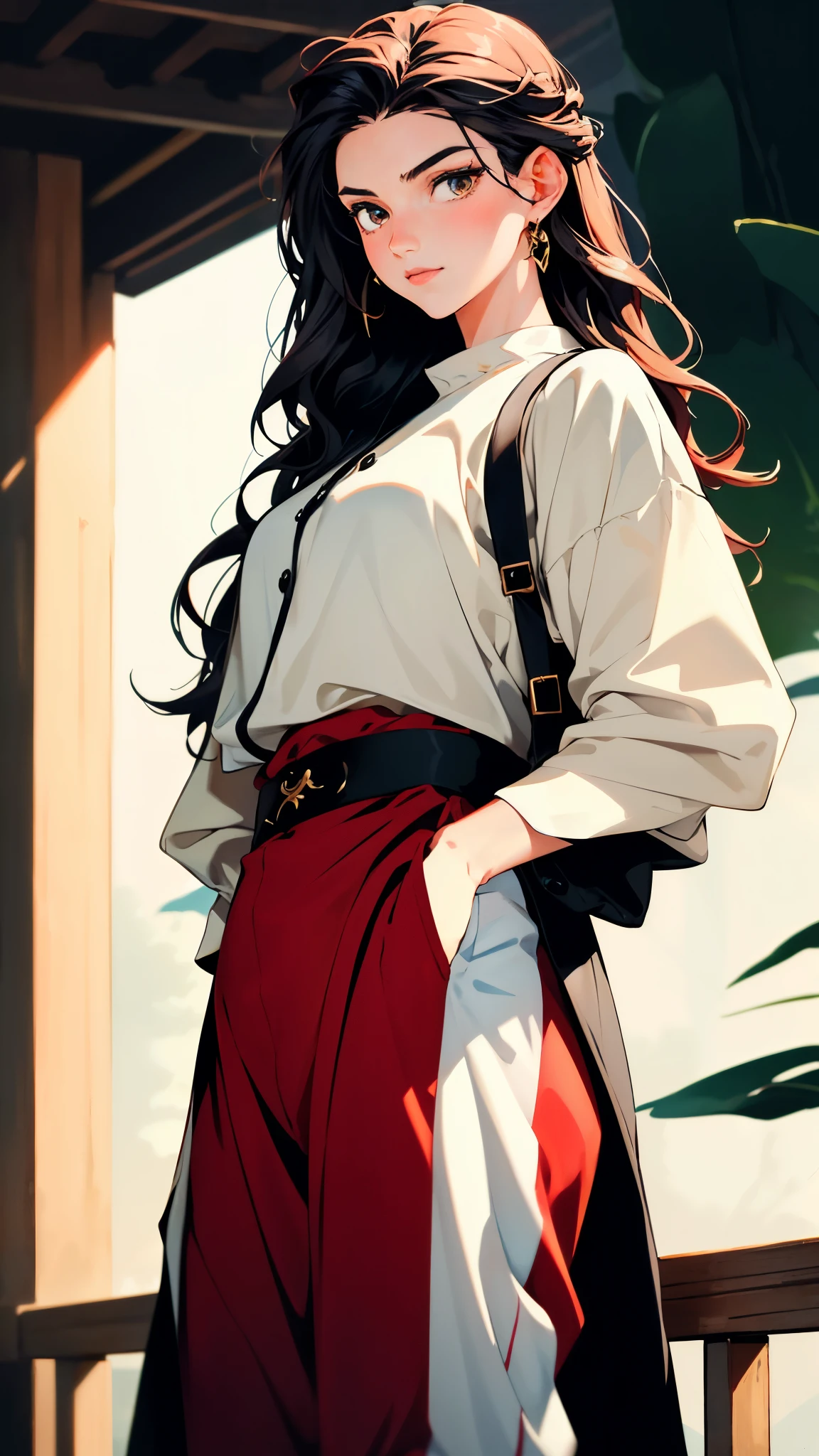 ((A teenager girl with long deep red wavy hair)), slender upturned eyebrows, sharp eyes, delicate features, ((a mix of Central Asian and European facial characteristics)), a hint of a smile at the corner of her mouth, exuding confidence, her figure is svelte, ((a fantasy-style long dress designed for both ease of movement and regal elegance, loose and comfortable trousers that match the outfit for ease of movement, red and white as the main color, complemented by yellow accents)), proudly standing with hands on hips, the scene is set in a majestic fantasy-style ancient city that melds Chinese and Japanese architectural influences, this character embodies a finely crafted fantasy martial arts-style female warrior in anime style, exquisite and mature manga art style, perfect nose, perfect mouth, perfect eyes, perfect hair, Perfect skin, textured skin, detailed skin, porcelain skin, high definition, best quality, highres, ultra-detailed, ultra-fine painting, extremely delicate, professional, anatomically correct, symmetrical face, extremely detailed eyes and face, high quality eyes, creativity, RAW photo, UHD, 32k, Natural light, cinematic lighting, masterpiece-anatomy-perfect, masterpiece:1.5