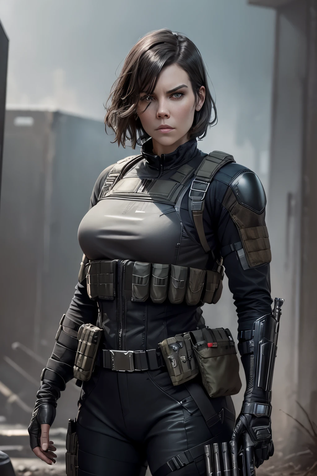 realistic, sci-fi, fantasy, Lauren Cohan as Punisher, Punisher outfit, female Bulletproof vest, gray and worn Punisher logo on bulletproof vest, dark photo, dark outfit, dangerous and sexy, dark scenery and background, imersive background,  raw photo, 8k, very detailed,
