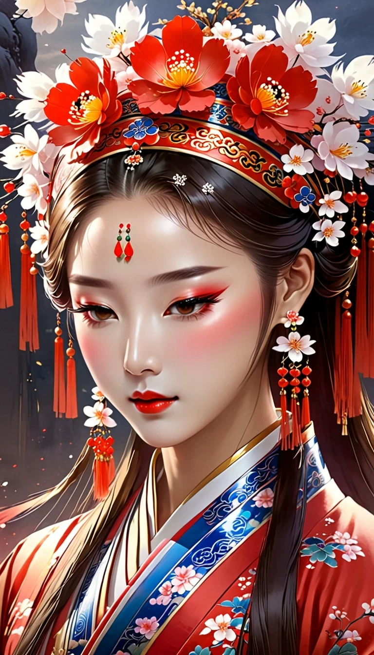 (masterpiece, best quality:1.2),,Nuwa holds the sacred stone,Fix the big hole in the sky。Her body is painted red,Symbolizes her courage and strength。Her hair and clothes are white,Symbolizing her purity and holiness。around her,is a dark sky,Symbolizes disaster and danger。Nuwa’s sacred stone shines brightly,Illuminates the whole picture,Symbolizes hope and redemption。 Close-up of woman wearing floral headdress, palace , girl wearing hanfu, beautiful fantasy queen, ancient chinese princess, ((beautiful fantasy queen)), chinese princess, queen of china, beautiful figure painting, Gurwitz style artwork, A beautiful artistic illustration, guweiz, Beautiful digital art work, Beautiful digital illustration