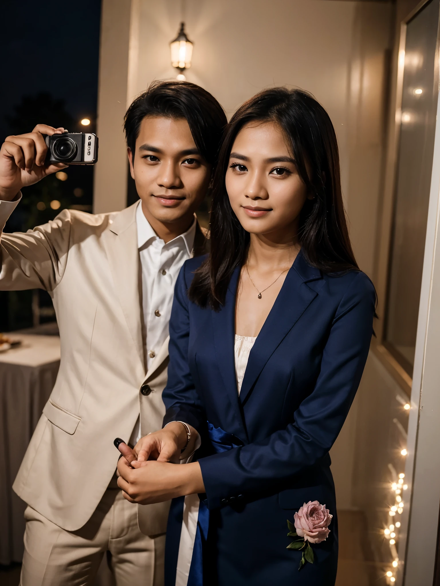 photo of a young couple from Indonesia in formal clothes taking a photo together at a party at night. photography, super detailed, realistic, ultra HD, 8K Resolution, facial details.