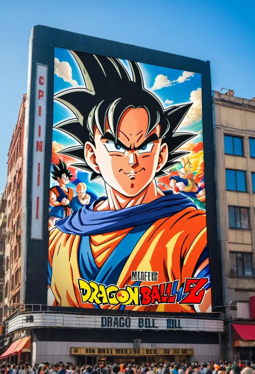 (best quality,4k,8k,highres,masterpiece:1.2),ultra-detailed,on the billboard in the city's cinema, a large poster of the movie with the name "Dragon Ball", in the background a crowd of people on the streets of a city, (art deco), 70's,