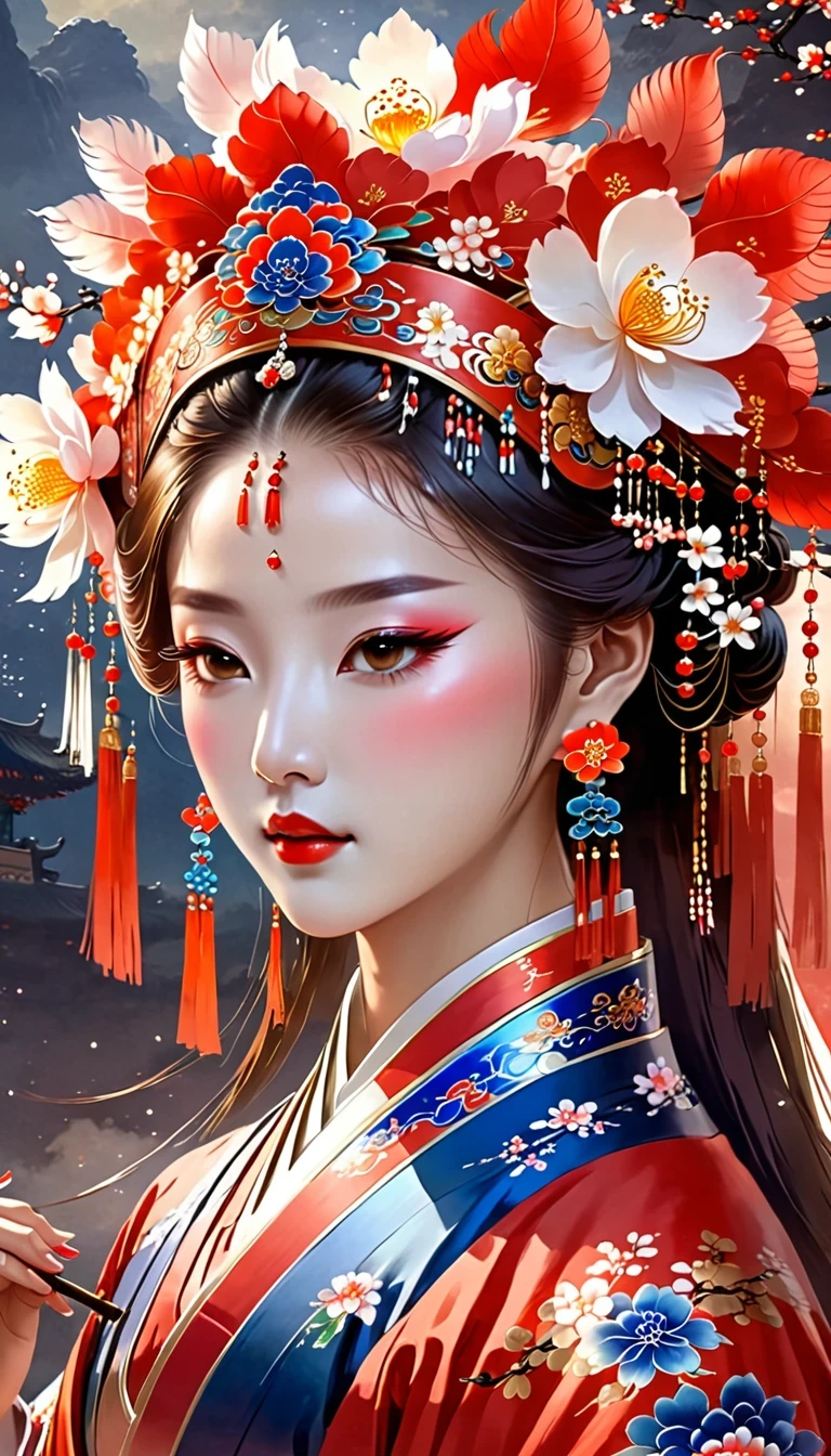 (masterpiece, best quality:1.2),，Nuwa holds the sacred stone，Fix the big hole in the sky。Her body is painted red，Symbolizes her courage and strength。Her hair and clothes are white，Symbolizing her purity and holiness。around her，is a dark sky，Symbolizes disaster and danger。Nuwa’s sacred stone shines brightly，Illuminates the whole picture，Symbolizes hope and redemption。 Close-up of woman wearing floral headdress, palace ， girl wearing hanfu, beautiful fantasy queen, ancient chinese princess, ((beautiful fantasy queen)), chinese princess, queen of china, beautiful figure painting, Gurwitz style artwork, A beautiful artistic illustration, guweiz, Beautiful digital art work, Beautiful digital illustration