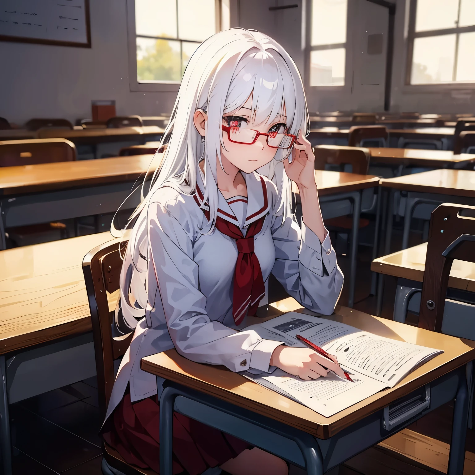 16 year old girl,white hair,red pupils,Glasses,student uniform,desk,light