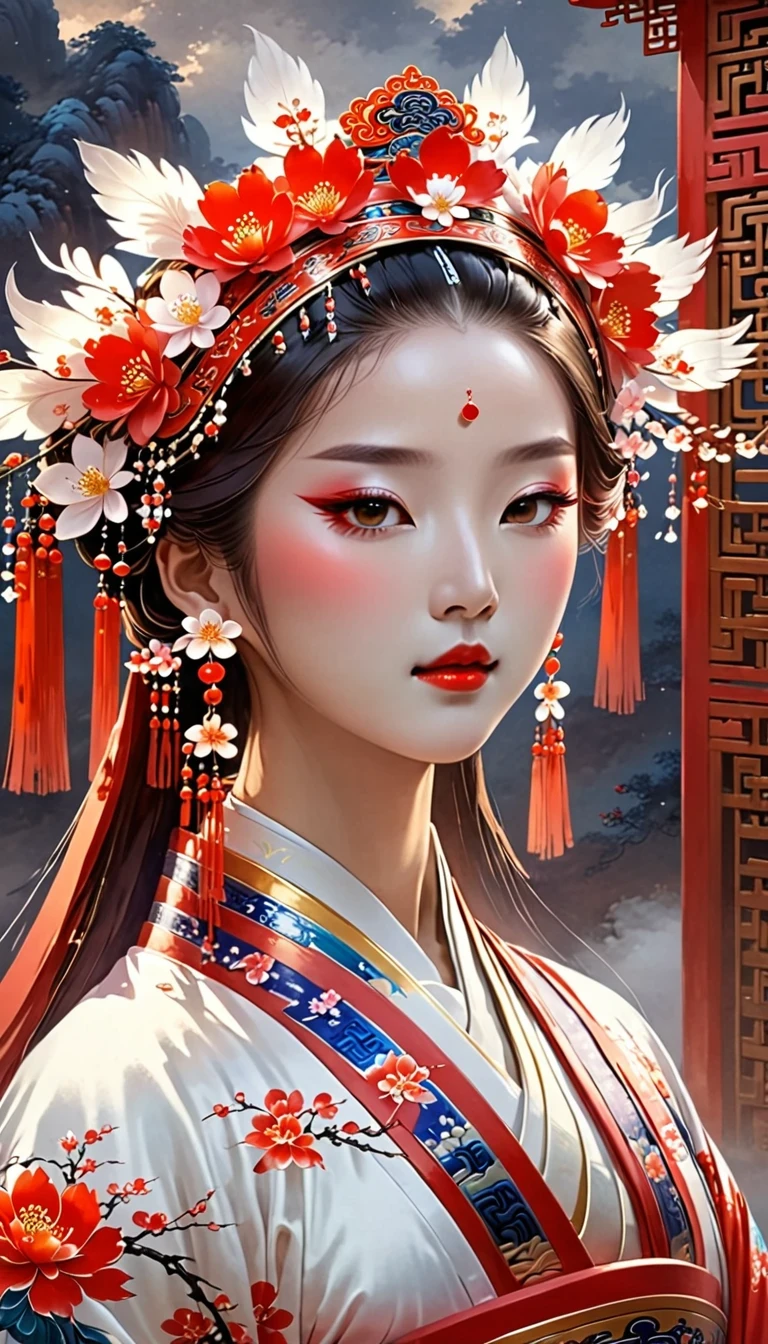 (masterpiece, best quality:1.2),，Nuwa holds the sacred stone，Fix the big hole in the sky。Her body is painted red，Symbolizes her courage and strength。Her hair and clothes are white，Symbolizing her purity and holiness。around her，is a dark sky，Symbolizes disaster and danger。Nuwa’s sacred stone shines brightly，Illuminates the whole picture，Symbolizes hope and redemption。 Close-up of woman wearing floral headdress, palace ， girl wearing hanfu, beautiful fantasy queen, ancient chinese princess, ((beautiful fantasy queen)), chinese princess, queen of china, beautiful figure painting, Gurwitz style artwork, A beautiful artistic illustration, guweiz, Beautiful digital art work, Beautiful digital illustration