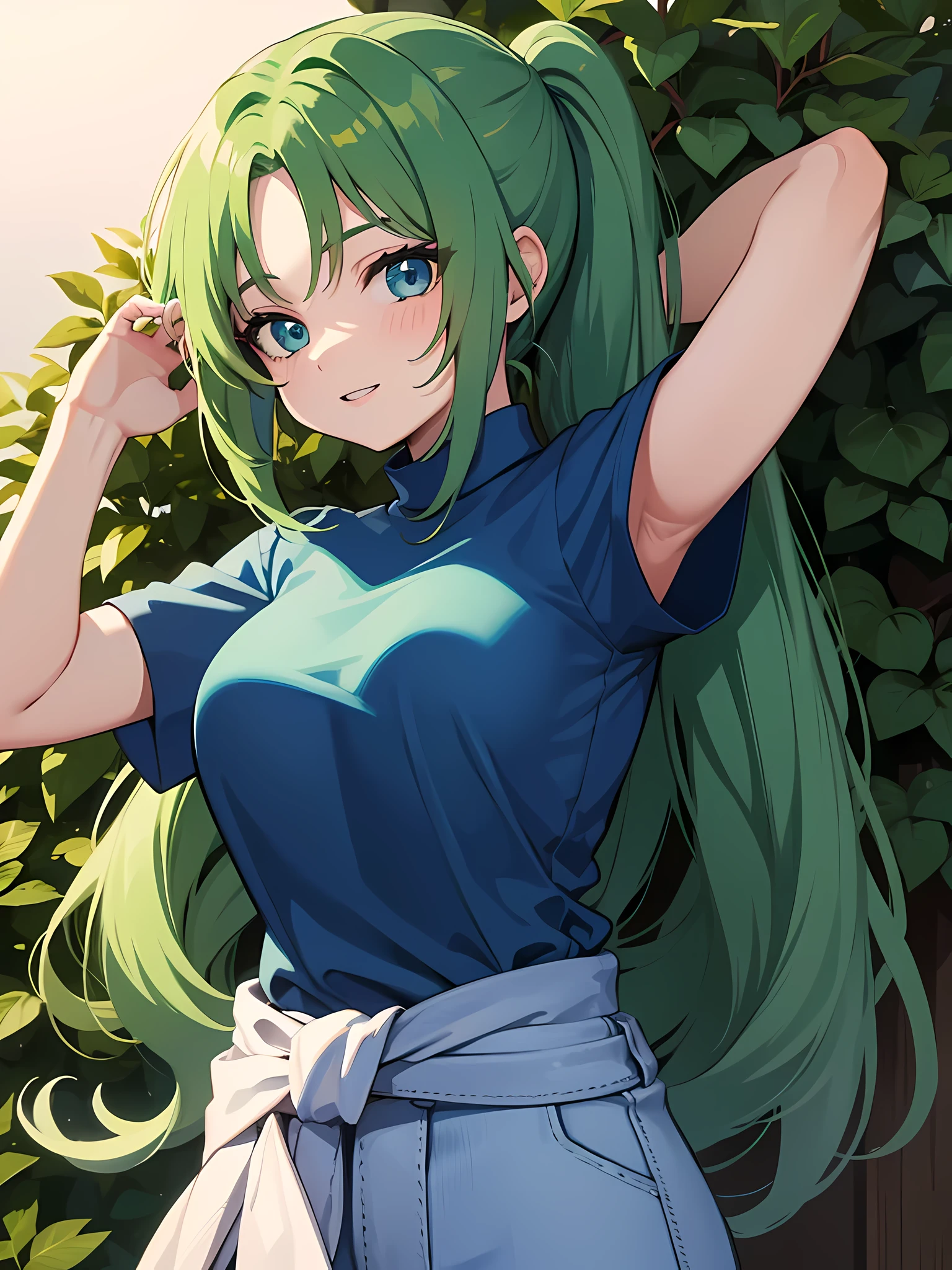 1 girl,One,Upper body,I look at the viewer,facing the viewer,Sonozaki Mion,long hair,green hair,High ponytail,split bangs,Blue eyes,yellow T-shirt,clothes around the waist,Jeans