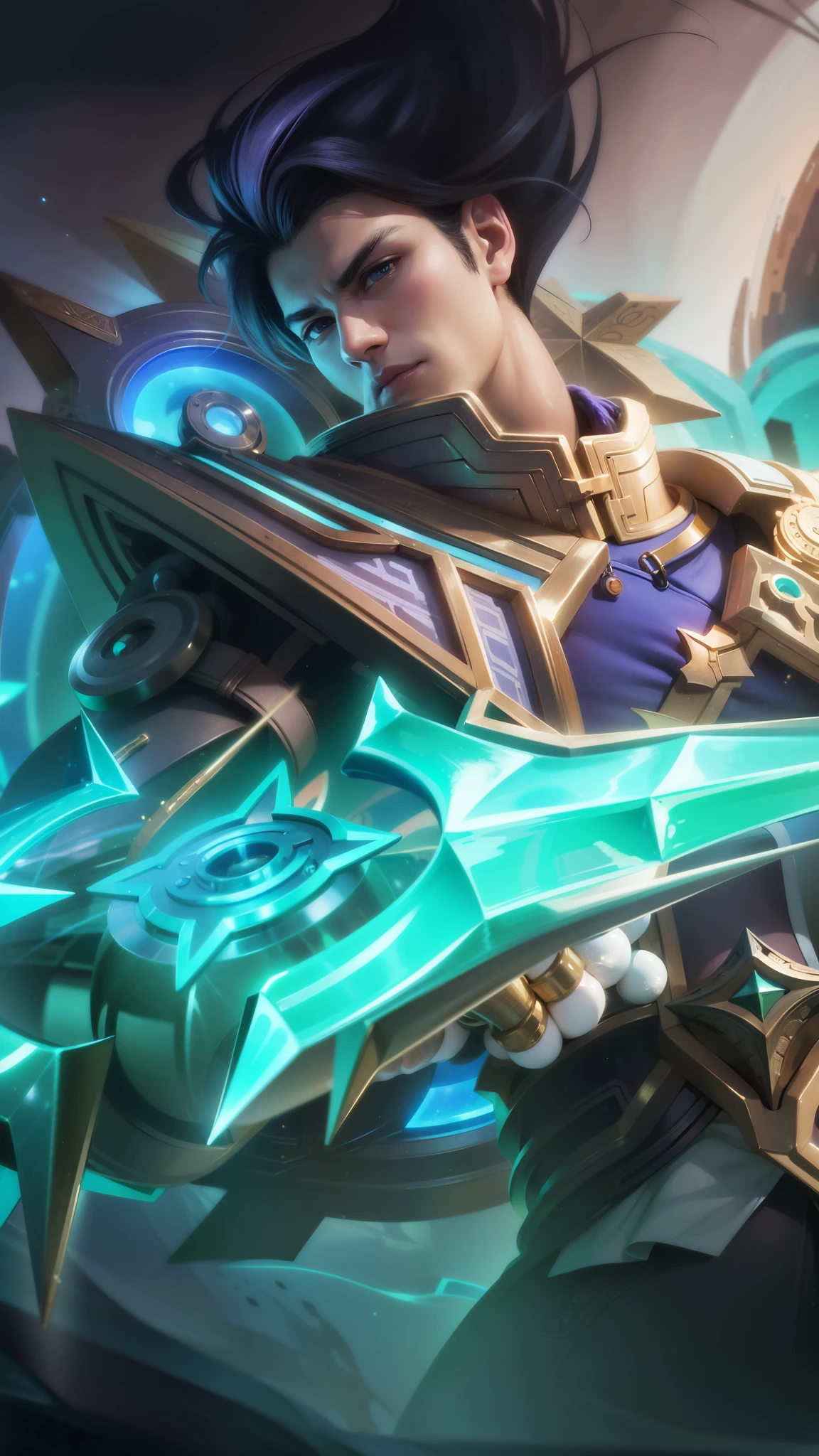 (Intricate Details, Masterpiece, Best Quality, High Resolution, 8k), (1man), (male:1.2), finely detailed eyes and face, toned body, masculine appeal, commanding presence, hot stud, bulging biceps and triceps, well-developed quadriceps and hamstrings, light skin, burgundy straight layered bangs hair, aquamarine eyes,  ornate details,  portrait, solo, half shot, looking down, detailed background, detailed face, (cogpunkai, cogpunk theme:1.1),  tech-mage,   [magic|technology], melding of spellcraft and advanced technology,  intricate [spellcasting clotheechanical gear], gear shaped glyphs,  ancient crystals,  [gears|ancient spell],  floating particles,  [innovative|enchanting] aura, high tech vehicle in background,   , finely detailed background, Depth of Field, VFX, young man and handsome.