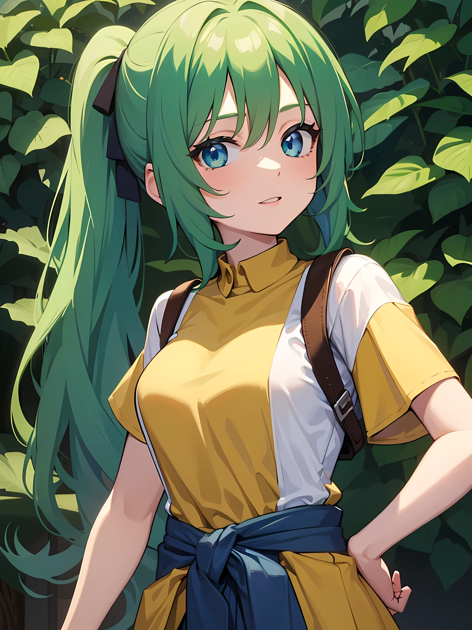 1 girl,One,Upper body,I look at the viewer,facing the viewer,Sonozaki Mion,long hair,green hair,High ponytail,split bangs,Blue eyes,yellow T-shirt,clothes around the waist,Jeans