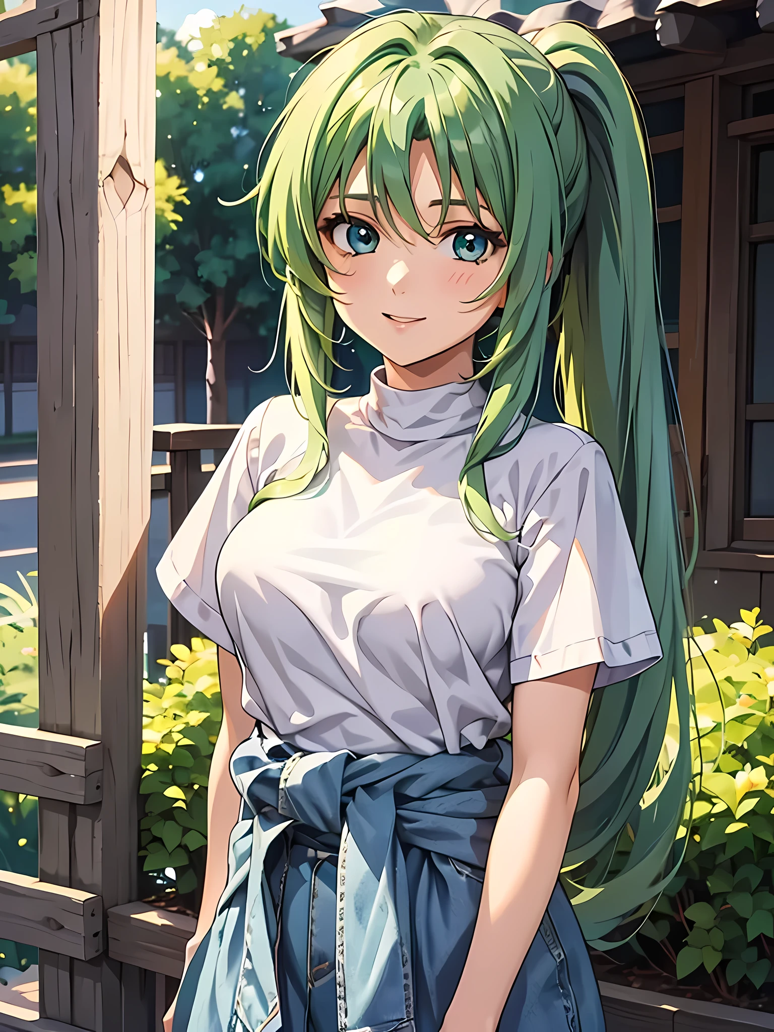 1 girl,One,Upper body,I look at the viewer,facing the viewer,Sonozaki Mion,long hair,green hair,High ponytail,split bangs,Blue eyes,yellow T-shirt,clothes around the waist,Jeans