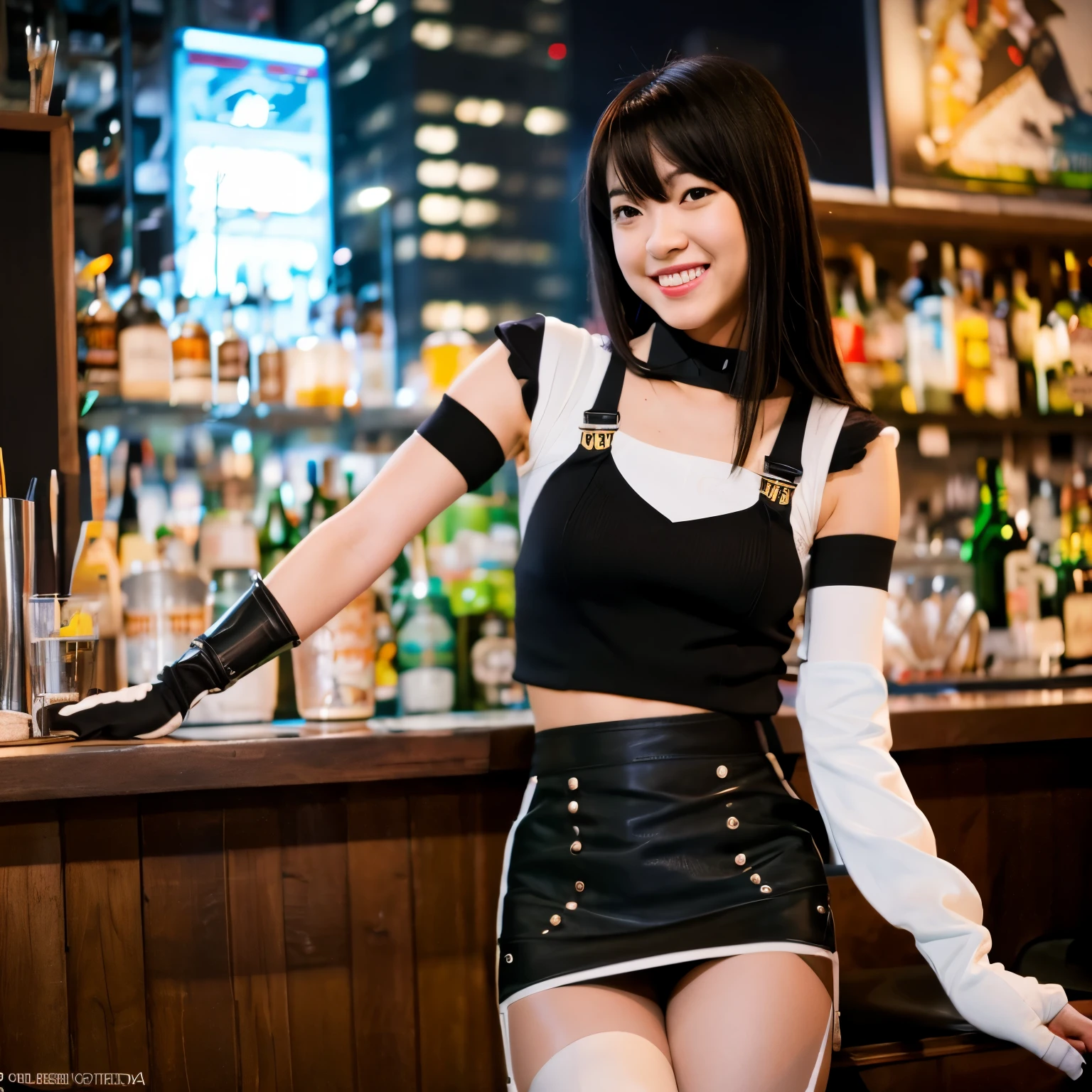 Tifa Lockhart, masutepiece, Best Quality, defTifa, White crop top, elbow pad, Fingerless gloves, suspenders, pencil skirts, Upper body, Looking at Viewer, Leaning forward, Smile, a bar counter, City at night