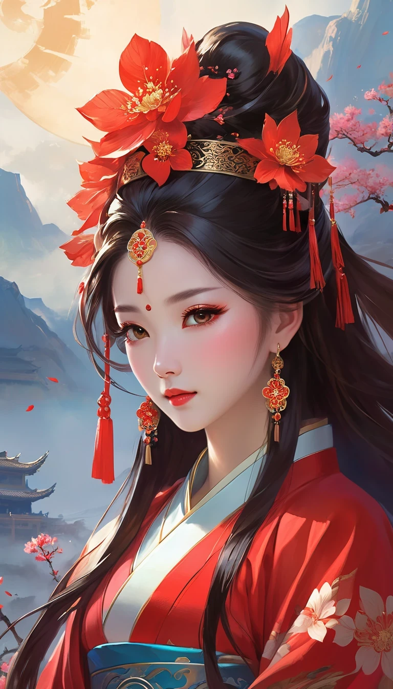 (masterpiece, best quality:1.2),，Nuwa holds the sacred stone，Fix the big hole in the sky。Her body is painted red，Symbolizes her courage and strength。Her hair and clothes are white，Symbolizing her purity and holiness。around her，is a dark sky，Symbolizes disaster and danger。Nuwa’s sacred stone shines brightly，Illuminates the whole picture，Symbolizes hope and redemption。 Close-up of woman wearing floral headdress, palace ， girl wearing hanfu, beautiful fantasy queen, ancient chinese princess, ((beautiful fantasy queen)), chinese princess, queen of china, beautiful figure painting, Gurwitz style artwork, A beautiful artistic illustration, guweiz, Beautiful digital art work, Beautiful digital illustration