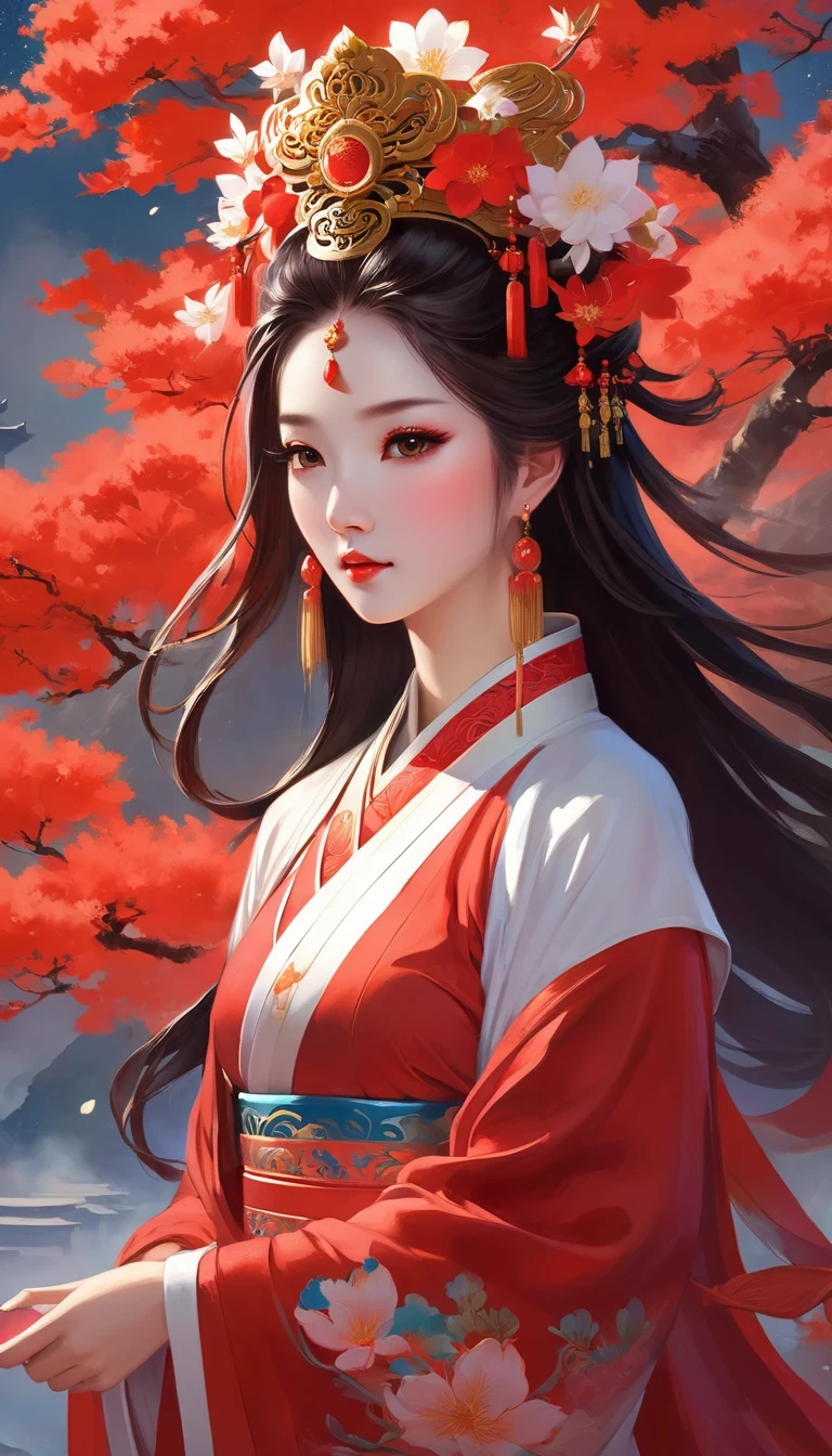 (masterpiece, best quality:1.2),,Nuwa holds the sacred stone,Fix the big hole in the sky。Her body is painted red,Symbolizes her courage and strength。Her hair and clothes are white,Symbolizing her purity and holiness。around her,is a dark sky,Symbolizes disaster and danger。Nuwa’s sacred stone shines brightly,Illuminates the whole picture,Symbolizes hope and redemption。 Close-up of woman wearing floral headdress, palace , girl wearing hanfu, beautiful fantasy queen, ancient chinese princess, ((beautiful fantasy queen)), chinese princess, queen of china, beautiful figure painting, Gurwitz style artwork, A beautiful artistic illustration, guweiz, Beautiful digital art work, Beautiful digital illustration