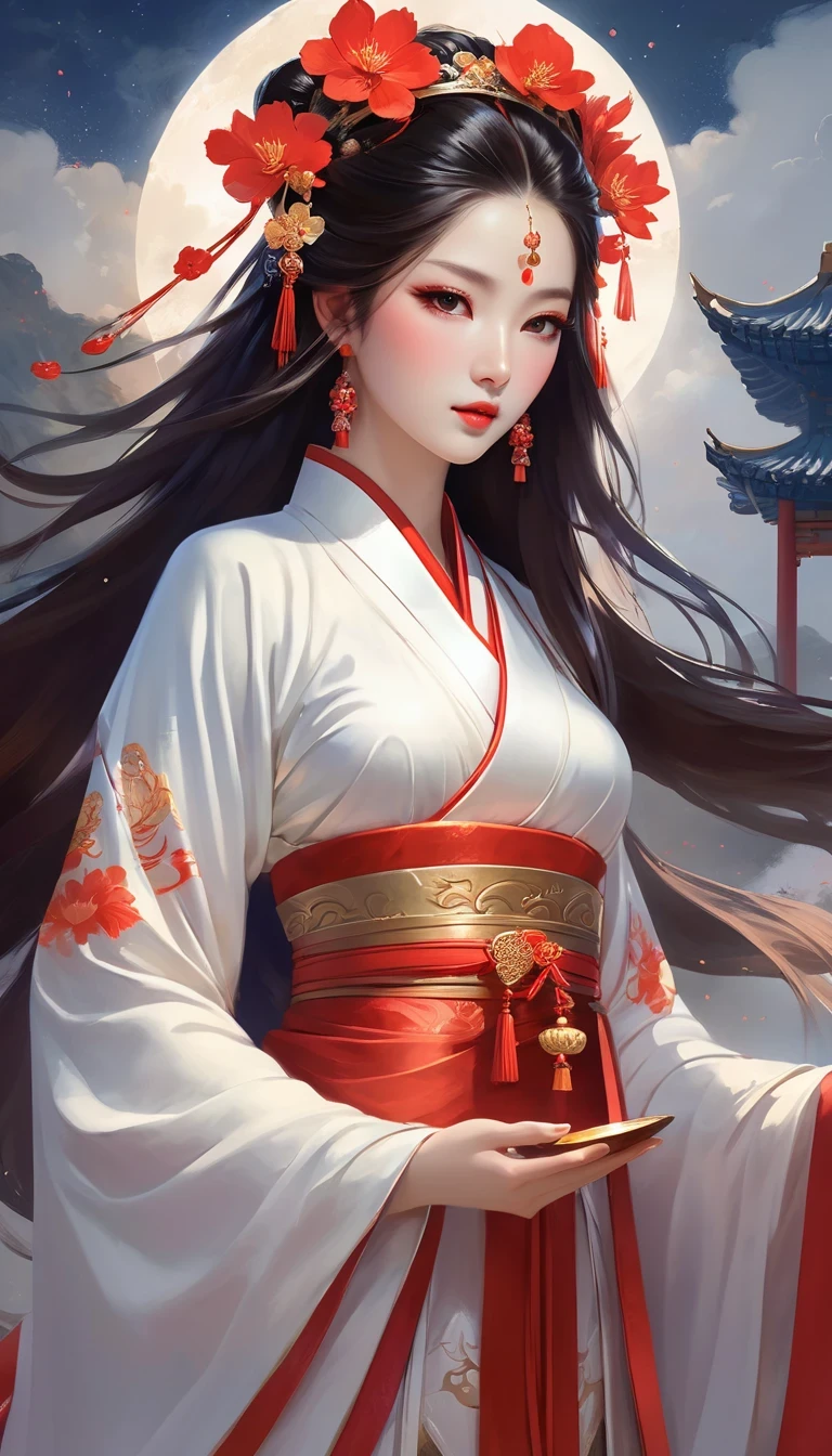 (masterpiece, best quality:1.2),,Nuwa holds the sacred stone,Fix the big hole in the sky。Her body is painted red,Symbolizes her courage and strength。Her hair and clothes are white,Symbolizing her purity and holiness。around her,is a dark sky,Symbolizes disaster and danger。Nuwa’s sacred stone shines brightly,Illuminates the whole picture,Symbolizes hope and redemption。 Close-up of woman wearing floral headdress, palace , girl wearing hanfu, beautiful fantasy queen, ancient chinese princess, ((beautiful fantasy queen)), chinese princess, queen of china, beautiful figure painting, Gurwitz style artwork, A beautiful artistic illustration, guweiz, Beautiful digital art work, Beautiful digital illustration