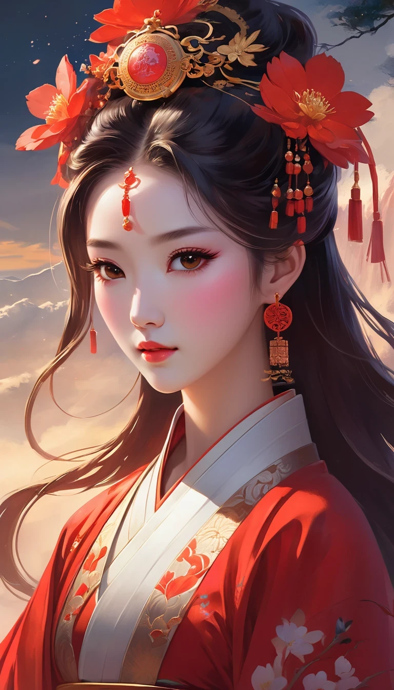 (masterpiece, best quality:1.2),，Nuwa holds the sacred stone，Fix the big hole in the sky。Her body is painted red，Symbolizes her courage and strength。Her hair and clothes are white，Symbolizing her purity and holiness。around her，is a dark sky，Symbolizes disaster and danger。Nuwa’s sacred stone shines brightly，Illuminates the whole picture，Symbolizes hope and redemption。 Close-up of woman wearing floral headdress, palace ， girl wearing hanfu, beautiful fantasy queen, ancient chinese princess, ((beautiful fantasy queen)), chinese princess, queen of china, beautiful figure painting, Gurwitz style artwork, A beautiful artistic illustration, guweiz, Beautiful digital art work, Beautiful digital illustration