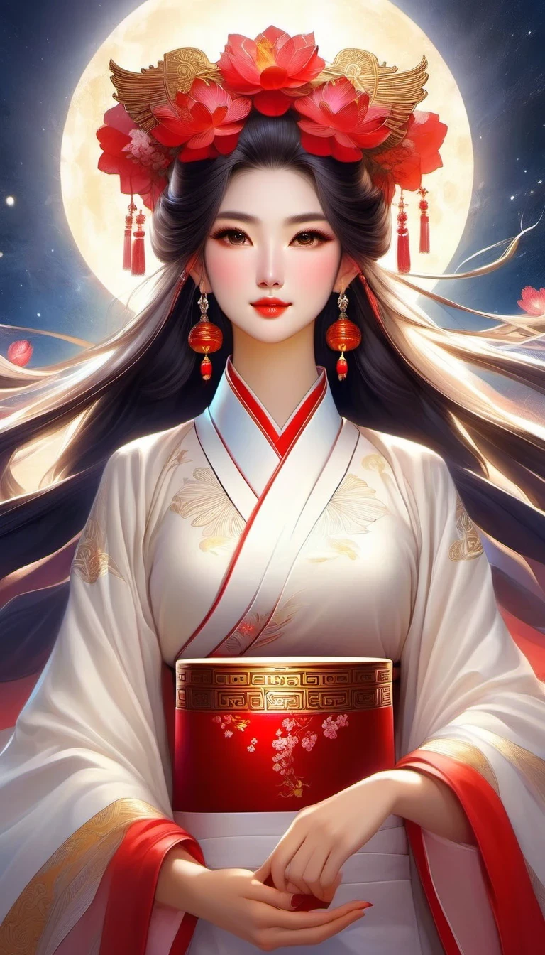 (masterpiece, best quality:1.2),，Nuwa holds the sacred stone，Fix the big hole in the sky。Her body is painted red，Symbolizes her courage and strength。Her hair and clothes are white，Symbolizing her purity and holiness。around her，is a dark sky，Symbolizes disaster and danger。Nuwa’s sacred stone shines brightly，Illuminates the whole picture，Symbolizes hope and redemption。 Close-up of woman wearing floral headdress, palace ， girl wearing hanfu, beautiful fantasy queen, ancient chinese princess, ((beautiful fantasy queen)), chinese princess, queen of china, beautiful figure painting, Gurwitz style artwork, A beautiful artistic illustration, guweiz, Beautiful digital art work, Beautiful digital illustration