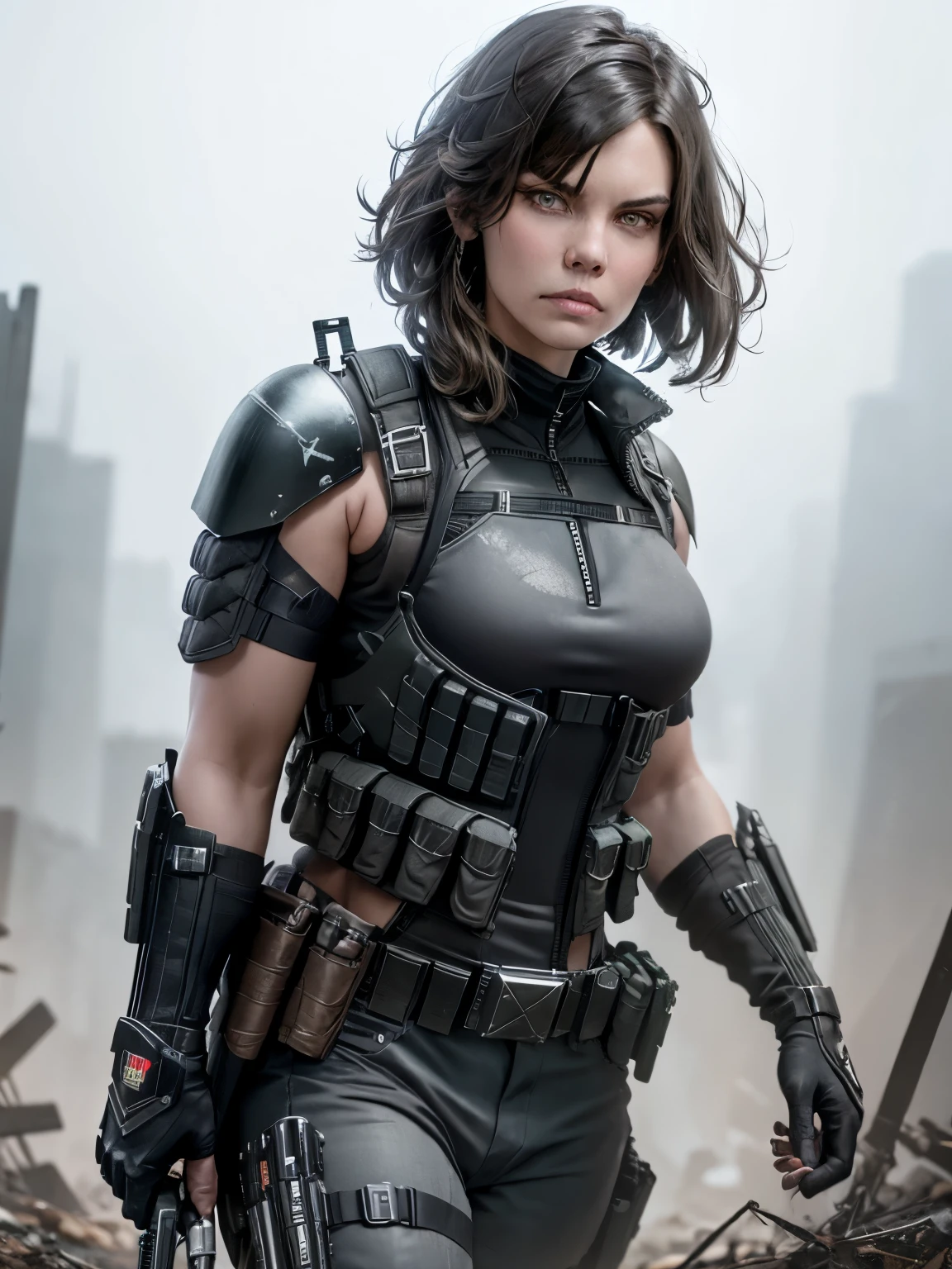 realistic, sci-fi, fantasy, cowboy shot, low angle shot, Lauren Cohan as Punisher, futuristic Punisher outfit, black and close-fitting bulletproof vest, gray and worn Punisher logo on bulletproof vest, dark photo, dark outfit, dangerous and sexy, dark scenery and background, imersive background,  raw photo, 8k, very detailed,
