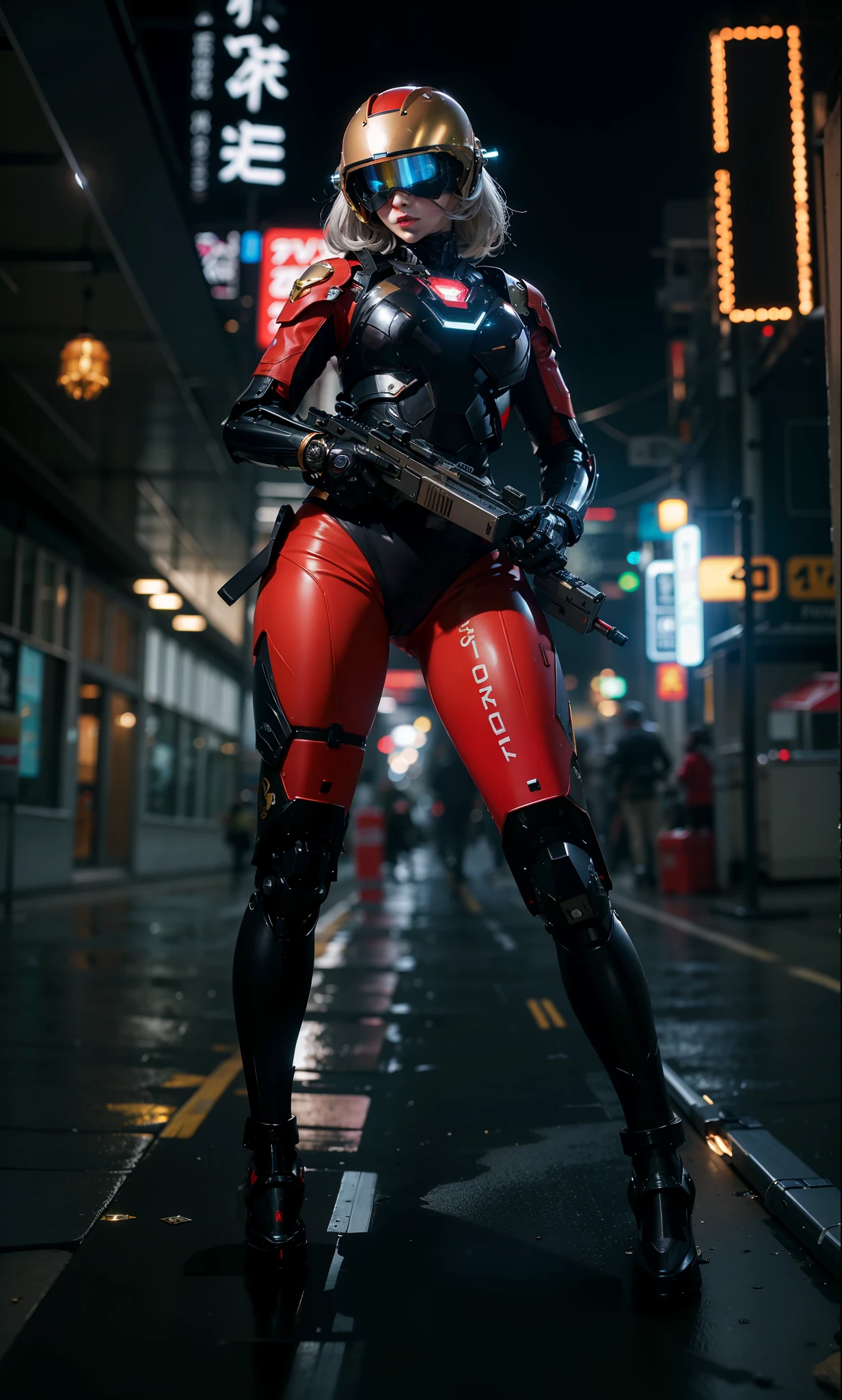 best quality,gold jewelry,fairy skin,(every time :1.2),Everlasting,super detailed,actual,high quality,lighting,Ray tracing,ultra high definition,upper body, Future Iron Man mecha，Film shooting，Battery，Launching equipment，large caliber artillery，Rostland 8k，Mecha Cyber Armored Tank Girl,Wearing a cyberpunk stamina helmet，Wearing a glowing space helmet，High-tech motorcycle helmet，Has a breathing light，The armor of the future shines，Armed electromagnetic gun，Mecha style，black gloves
