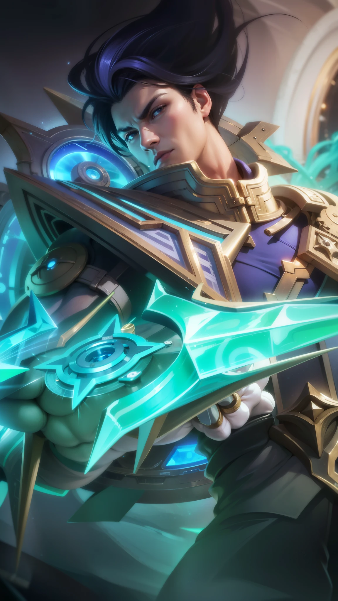 (Intricate Details, Masterpiece, Best Quality, High Resolution, 8k), (1man), (male:1.2), finely detailed eyes and face, toned body, masculine appeal, commanding presence, hot stud, bulging biceps and triceps, well-developed quadriceps and hamstrings, light skin, burgundy straight layered bangs hair, aquamarine eyes,  ornate details,  portrait, solo, half shot, looking down, detailed background, detailed face, (cogpunkai, cogpunk theme:1.1),  tech-mage,   [magic|technology], melding of spellcraft and advanced technology,  intricate [spellcasting clotheechanical gear], gear shaped glyphs,  ancient crystals,  [gears|ancient spell],  floating particles,  [innovative|enchanting] aura, high tech vehicle in background,   , finely detailed background, Depth of Field, VFX, young man and handsome.