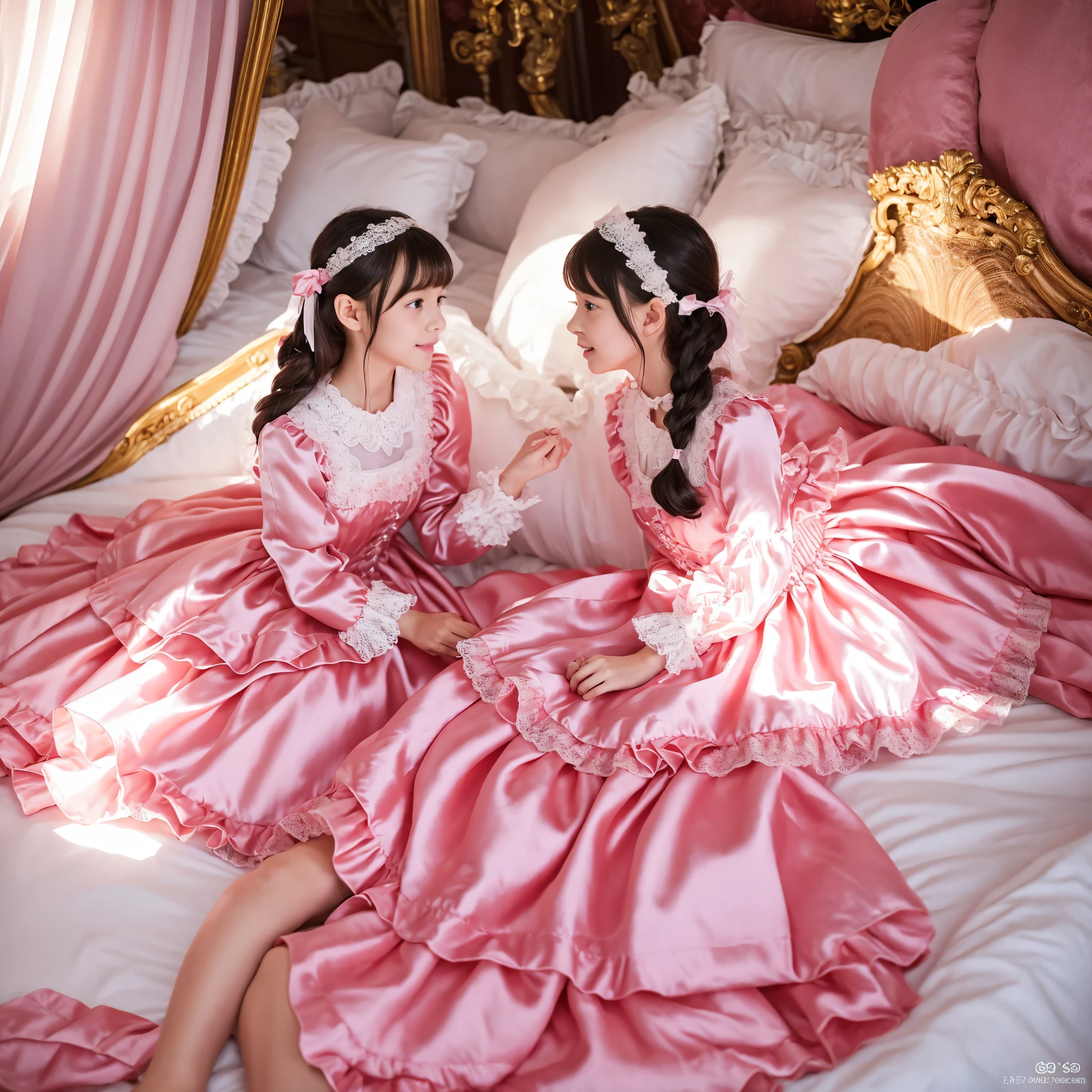 ,highest quality, masterpiece, highest resolution, artwork, super それにget used to it, many get used to it, get used to it, それにget used to it, 3K realistic photos,,((10 year old s)),Super detailed baby face,both are princesses,detailed luxury tiara,Full length ball gown dress with hoop skirt,ruffle yoke collar,Detailed braided ribbon at chest,puff sleeves,long sleeve,((lolita stylt pink princess satin dress、Comes with lots of frills and ribbons。)),crazy'colorful fashion,shiny silk satin dress,soft and smooth silk satin fabric,luxury,Very long blonde hair,blue eyes,white skin european,pajamas,((inside the palace)),Princess dancing happily,gorgeous flowing dress,fine white frills and lace,Super long hair that is as tall as your body,white long socks,drawers with lots of frills,castle bedroom at night,Super long flowing hair,on the bed,豪華な天蓋付きon the bed,巨大な広いon the bed,Pink pillow with lots of frills,Silk satin pink curtains with luxurious ruffles and ribbons surround the bed,princess sitting on bed,Pillows piled up behind the princess,A princess leaning on a pile of pillows,Long hair scattered like a fan on the bed,