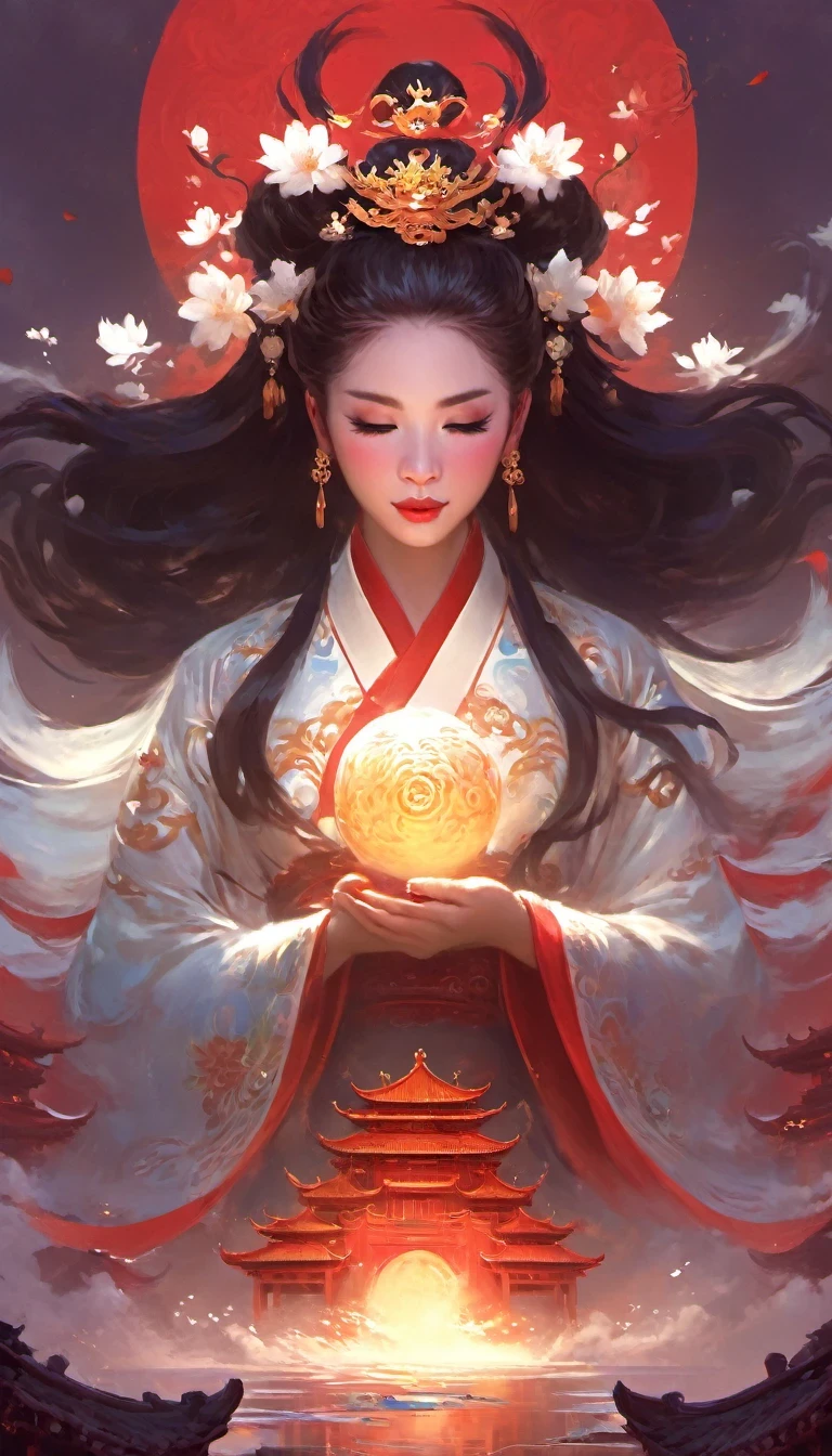 (masterpiece, best quality:1.2),，Nuwa holds the sacred stone，Fix the big hole in the sky。Her body is painted red，Symbolizes her courage and strength。Her hair and clothes are white，Symbolizing her purity and holiness。around her，is a dark sky，Symbolizes disaster and danger。Nuwa’s sacred stone shines brightly，Illuminates the whole picture，Symbolizes hope and redemption。 Close-up of woman wearing floral headdress, palace ， girl wearing hanfu, beautiful fantasy queen, ancient chinese princess, ((beautiful fantasy queen)), chinese princess, queen of china, beautiful figure painting, Gurwitz style artwork, A beautiful artistic illustration, guweiz, Beautiful digital art work, Beautiful digital illustration