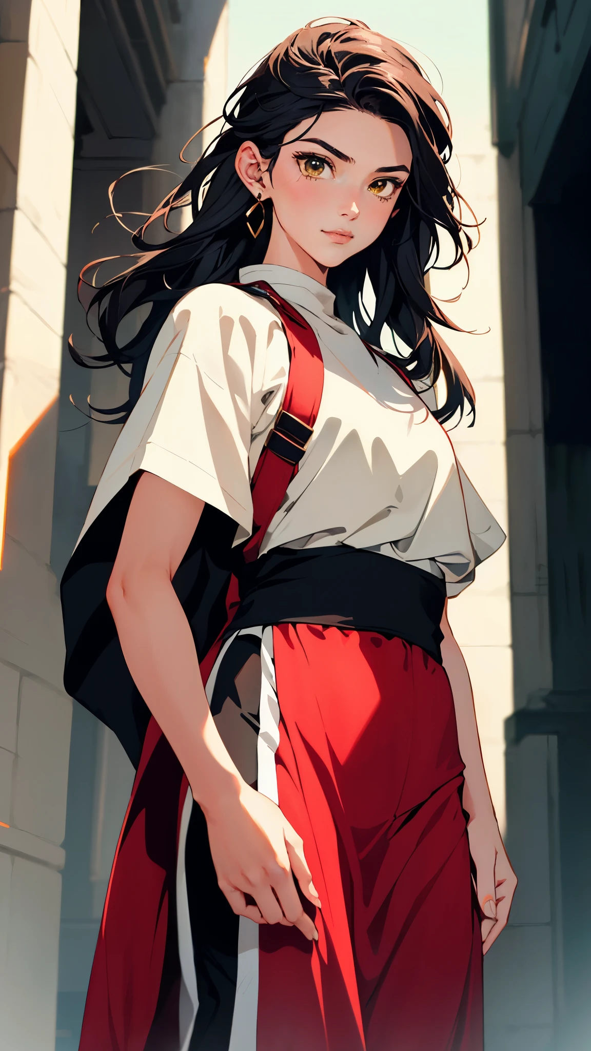 ((A teenager girl with long deep red wavy hair)), slender upturned eyebrows, sharp eyes, delicate features, ((a mix of Central Asian and European facial characteristics)), a hint of a smile at the corner of her mouth, exuding confidence, her figure is svelte, ((a fantasy-style long dress designed for both ease of movement and regal elegance, loose and comfortable trousers that match the outfit for ease of movement, red and white as the main color, complemented by yellow accents)), proudly standing with hands on hips, the scene is set in a majestic fantasy-style ancient city that melds Chinese and Japanese architectural influences, this character embodies a finely crafted fantasy martial arts-style female warrior in anime style, exquisite and mature manga art style, perfect nose, perfect mouth, perfect eyes, perfect hair, Perfect skin, textured skin, detailed skin, porcelain skin, high definition, best quality, highres, ultra-detailed, ultra-fine painting, extremely delicate, professional, anatomically correct, symmetrical face, extremely detailed eyes and face, high quality eyes, creativity, RAW photo, UHD, 32k, Natural light, cinematic lighting, masterpiece-anatomy-perfect, masterpiece:1.5