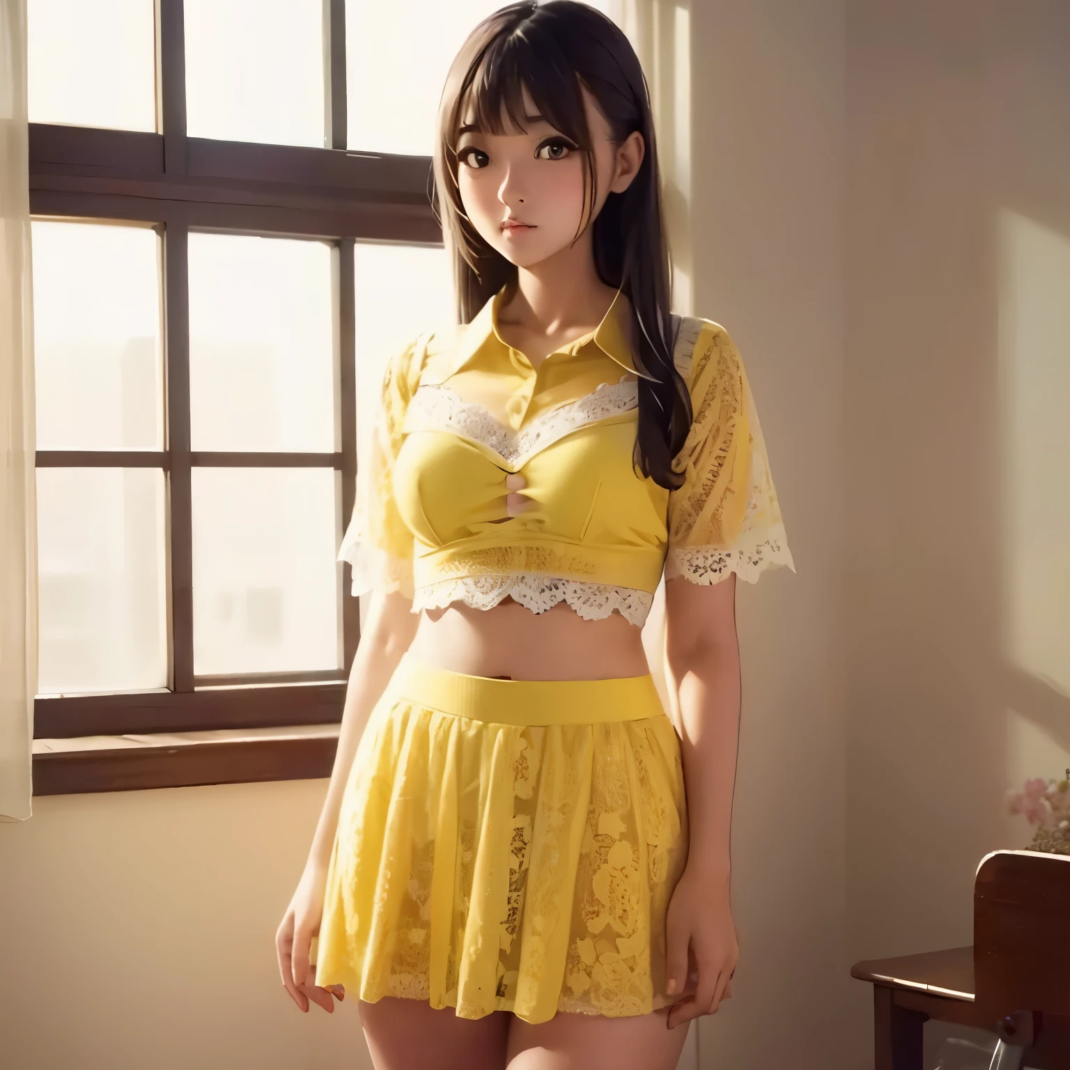 Beauty, whole body,height 160, big eyes, underwear color black,white lace bra, cutter shirt,Short skirt, In town, wide exposure range,Number of cups G,Plump,Natural light,