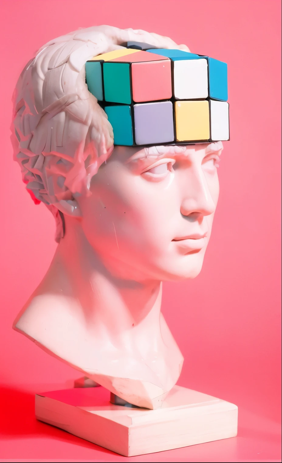 Busto antiguo con cubo rubik saliendo de la cabeza