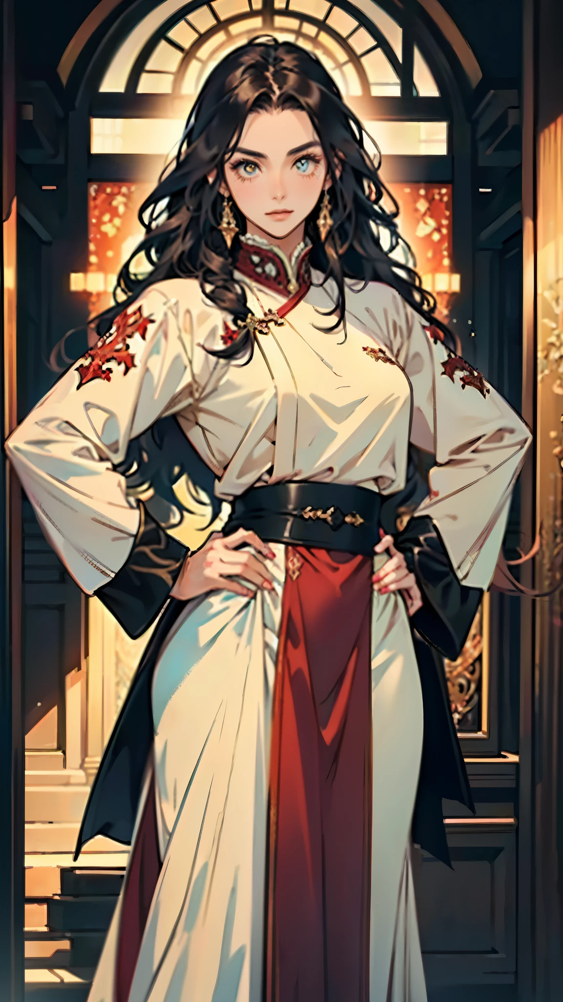 ((A teenager girl with long deep red wavy hair)), slender upturned eyebrows, sharp eyes, delicate features, ((a mix of Central Asian and European facial characteristics)), a hint of a smile at the corner of her mouth, exuding confidence, her figure is svelte, ((a fantasy-style long dress designed for both ease of movement and regal elegance, loose and comfortable trousers that match the outfit for ease of movement, red and white as the main color, complemented by yellow accents)), proudly standing with hands on hips, the scene is set in a majestic fantasy-style ancient city that melds Chinese and Japanese architectural influences, this character embodies a finely crafted fantasy martial arts-style female warrior in anime style, exquisite and mature manga art style, perfect nose, perfect mouth, perfect eyes, perfect hair, Perfect skin, textured skin, detailed skin, porcelain skin, high definition, best quality, highres, ultra-detailed, ultra-fine painting, extremely delicate, professional, anatomically correct, symmetrical face, extremely detailed eyes and face, high quality eyes, creativity, RAW photo, UHD, 32k, Natural light, cinematic lighting, masterpiece-anatomy-perfect, masterpiece:1.5