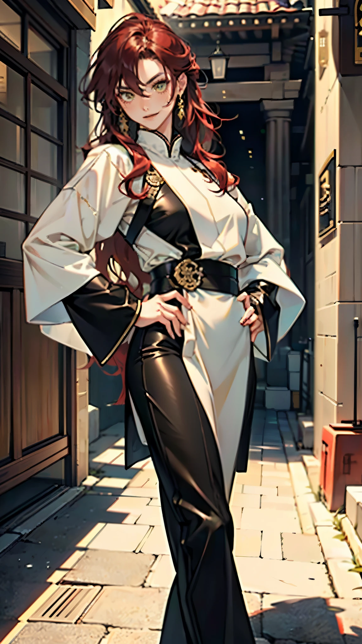 ((A ager girl with long deep red wavy hair)), slender upturned eyebrows, sharp eyes, delicate features, ((a mix of Central Asian and European facial characteristics)), a hint of a smile at the corner of her mouth, exuding confidence, her figure is svelte, ((a fantasy-style long dress designed for both ease of movement and regal elegance, loose and comfortable trousers that match the outfit for ease of movement, red and white as the main color, complemented by yellow accents)), proudly standing with hands on hips, the scene is set in a majestic fantasy-style ancient city that melds Chinese and Japanese architectural influences, this character embodies a finely crafted fantasy martial arts-style female warrior in anime style, exquisite and mature manga art style, perfect nose, perfect mouth, perfect eyes, perfect hair, Perfect skin, textured skin, detailed skin, porcelain skin, high definition, best quality, highres, ultra-detailed, ultra-fine painting, extremely delicate, professional, anatomically correct, symmetrical face, extremely detailed eyes and face, high quality eyes, creativity, RAW photo, UHD, 32k, Natural light, cinematic lighting, masterpiece-anatomy-perfect, masterpiece:1.5