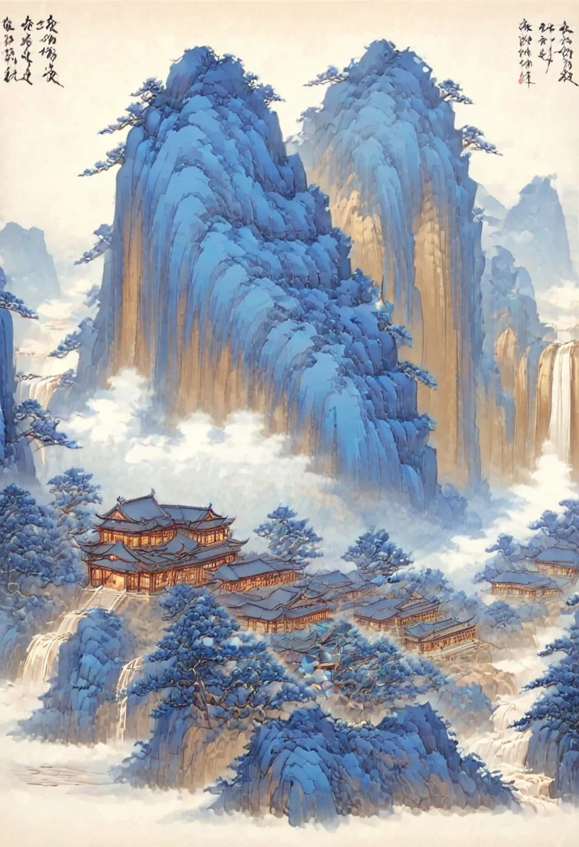 A majestic landscape painting,Meticulous,Inspired by thousands of miles of rivers and mountains,Fuchun Mountain Residence Map,Expression techniques of cirrus clouds,flat illustration,traditional Chinese painting,Chinese landscape painting,ancient chinese architecture,cloud,vertical waterfall on cliff,Vibrant pine trees,fall,Takayama,Black:137,Mineral pigments,Ultramarine blue,Track gold,Clear outline,sketchy,Dry Lafa