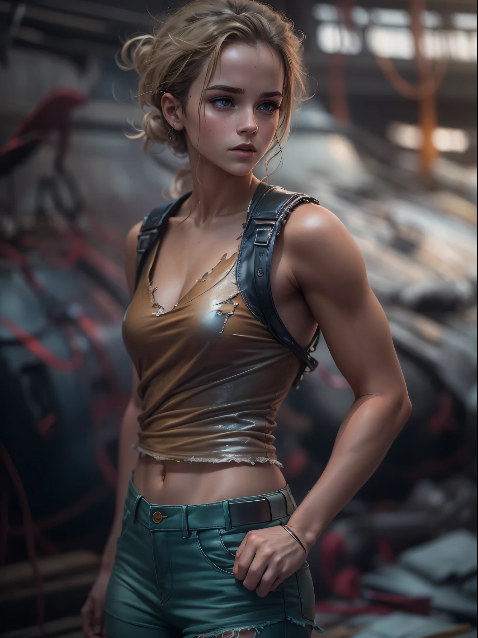 Emma Watson does it ,blonde. Shining blue eyes that speak of innocence and acceptance. Slender frame and beautiful figure. Tight leather shorts. crop top. Outside the spacecraft. Muscles exposed through torn clothes. SF. from the back. Please think back.RAW photo, Shapuri, by lee jeffries nikon d850 film stock photo graph 4 kodak portra 400 camera f1.6 lens rich colors hyper 現実的な lifelike texture dramatic lighting unrealengine trending on artstation cinestill 800,