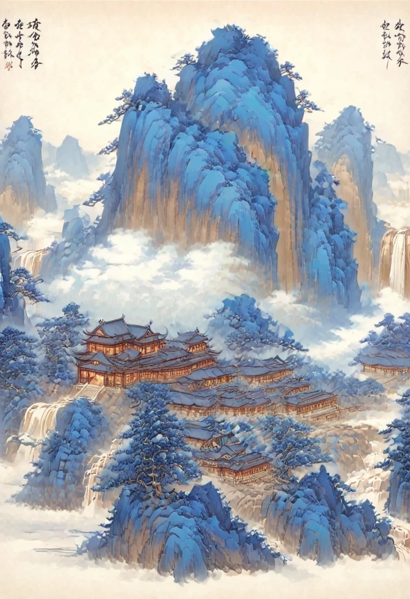 A majestic landscape painting，Meticulous，Inspired by thousands of miles of rivers and mountains，Fuchun Mountain Residence Map，Expression techniques of cirrus clouds，flat illustration，traditional Chinese painting，Chinese landscape painting，ancient chinese architecture，cloud，vertical waterfall on cliff，Vibrant pine trees，fall，Takayama，Black：137，Mineral pigments，Ultramarine blue，Track gold，Clear outline，sketchy，Dry Lafa