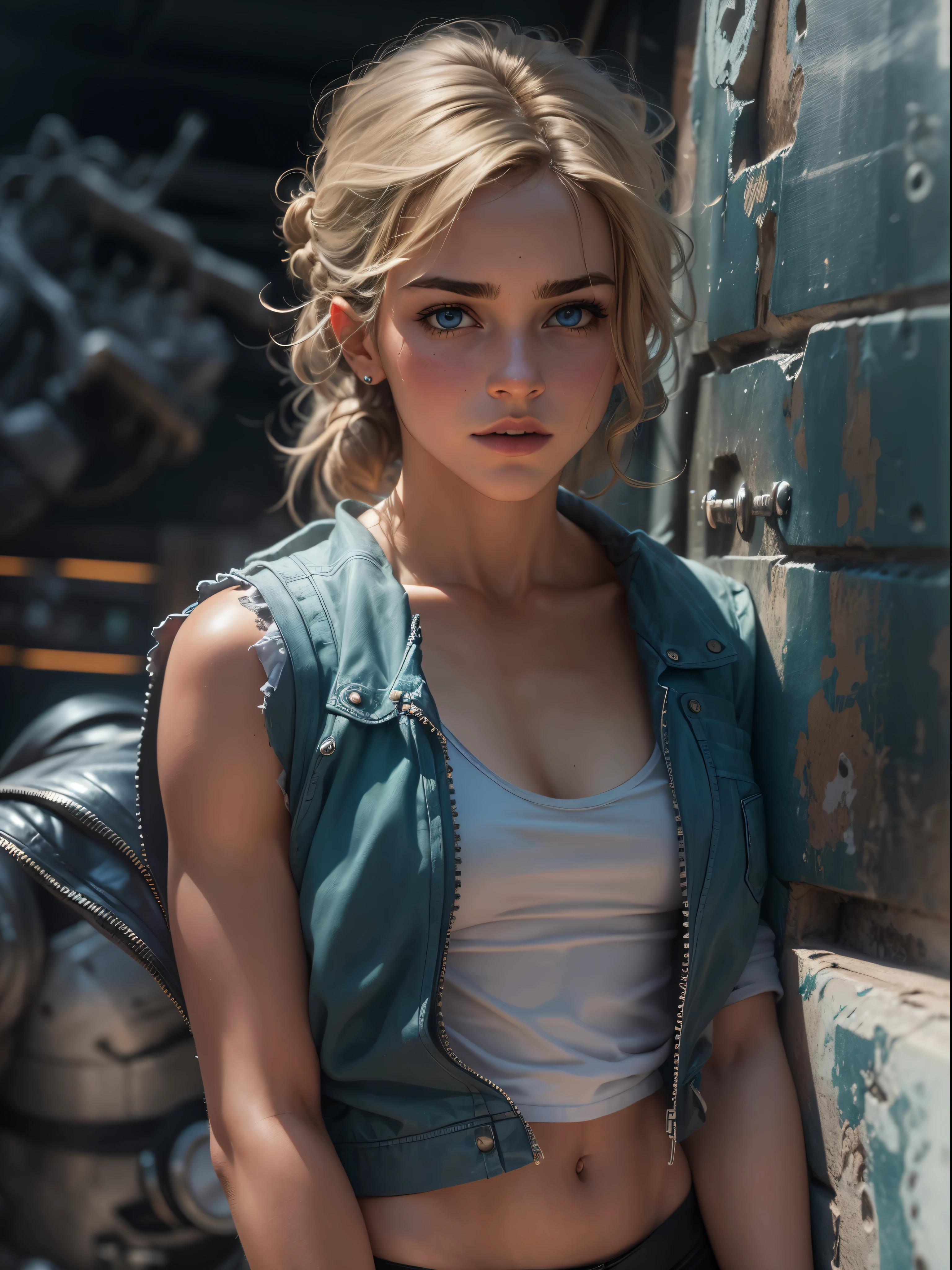 emma watson does it ,blonde. Shining blue eyes that speak of innocence and acceptance. Slender frame and beautiful figure. Tight leather shorts. crop top. Outside the spacecraft. Muscles exposed through torn clothes. SF. from the back. please reconsider.RAW photo, Shapuri, by lee jeffries nikon d850 film stock photo graph 4 kodak portra 400 camera f1.6 lens rich colors hyper 現実的な lifelike texture dramatic lighting unrealengine trending on artstation cinestill 800,