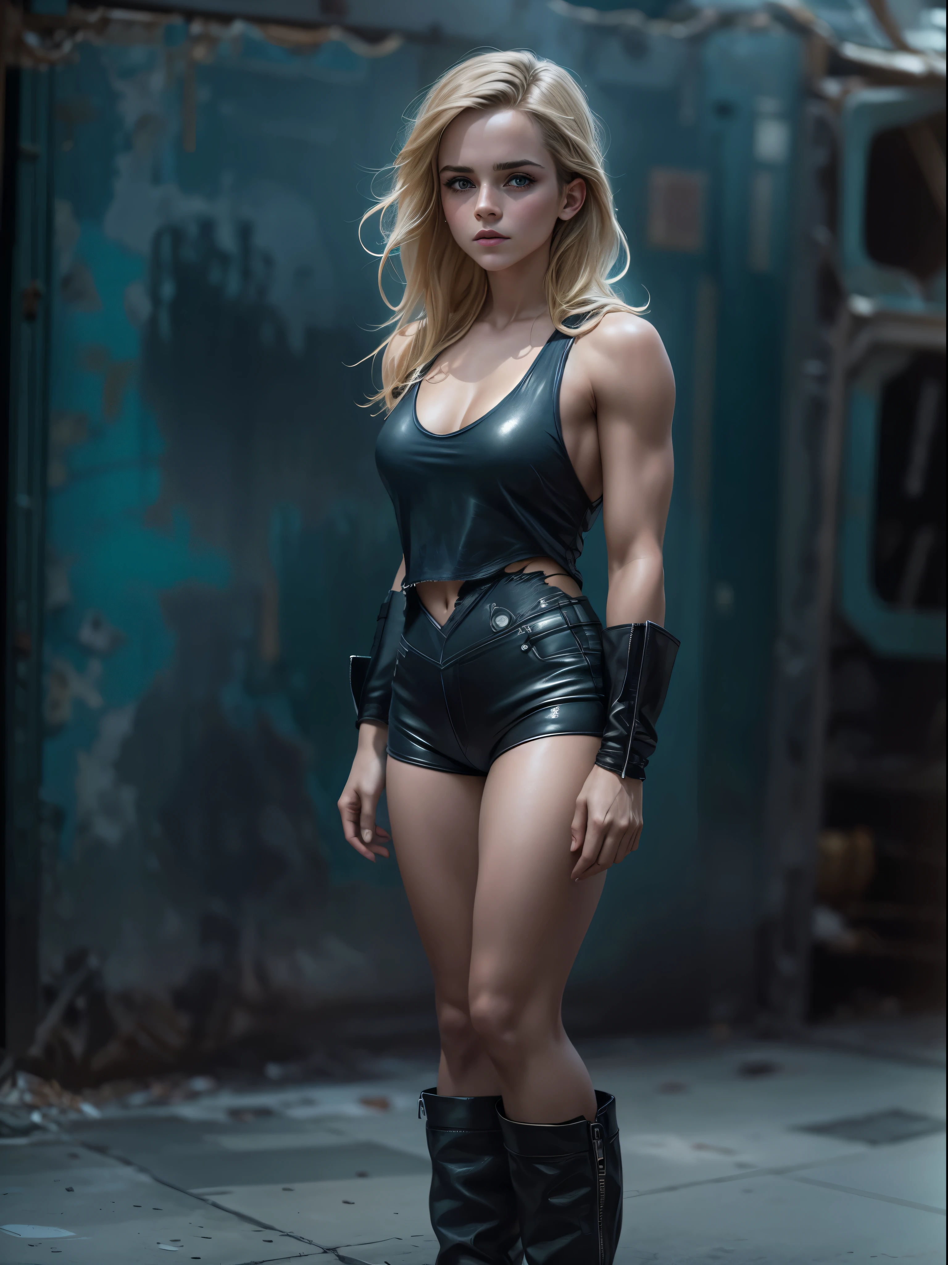 Emma Watson does it ,blonde. Shining blue eyes that speak of innocence and acceptance. Slender frame and beautiful figure. Tight leather shorts. crop top. Outside the spacecraft. Muscles exposed through torn clothes. SF. from the back. Please think back.RAW photo, Shapuri, by lee jeffries nikon d850 film stock photo graph 4 kodak portra 400 camera f1.6 lens rich colors hyper 現実的な lifelike texture dramatic lighting unrealengine trending on artstation cinestill 800,