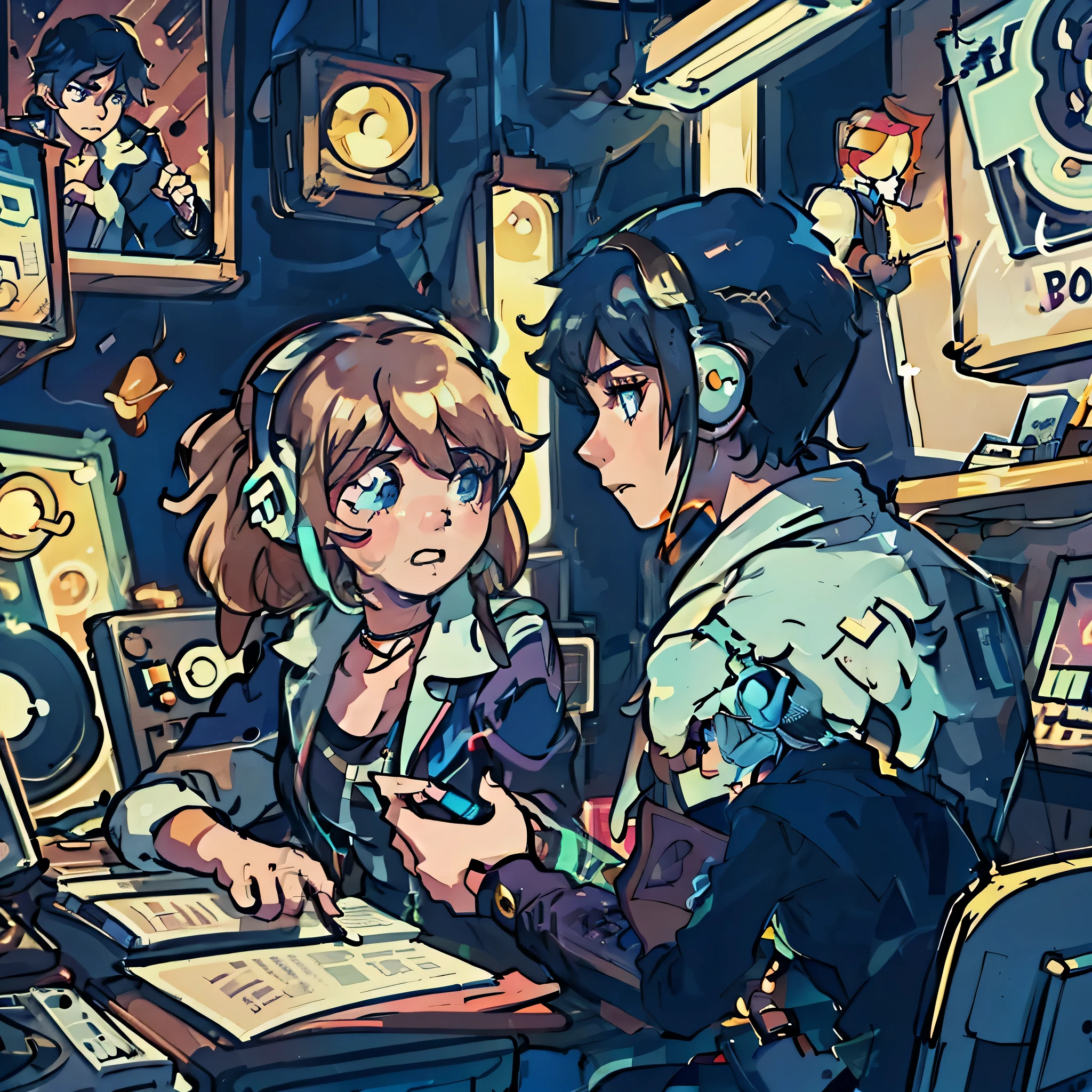 Boy and girl listening to music on headphones together in an old vinyl store, A room full of posters of singers, 80&#39;s style, with neon lights. The atmosphere is sad when a girl wants to break up.