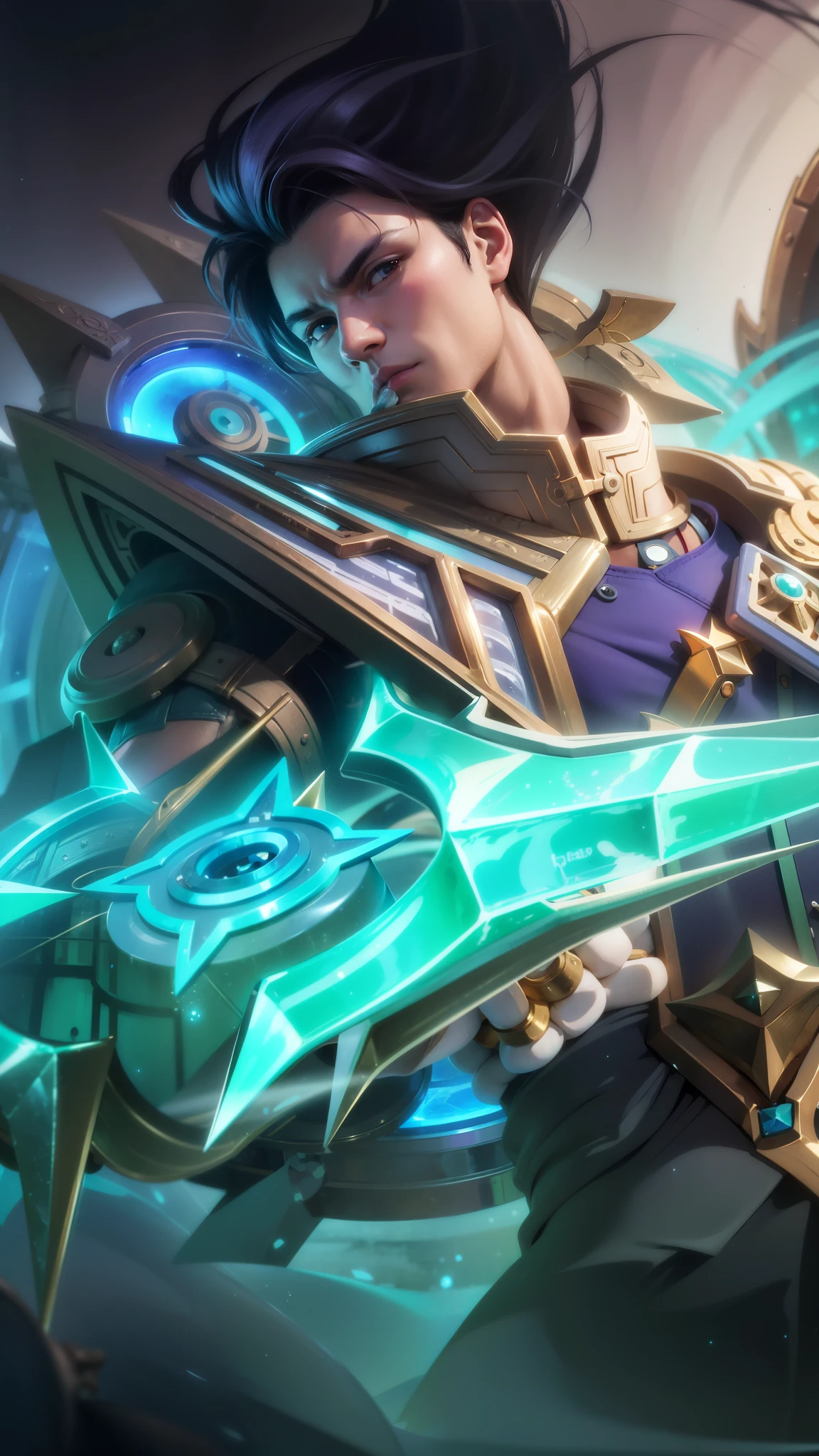 (Intricate Details, Masterpiece, Best Quality, High Resolution, 8k), (1man), (male:1.2), finely detailed eyes and face, toned body, masculine appeal, commanding presence, hot stud, bulging biceps and triceps, well-developed quadriceps and hamstrings, light skin, burgundy straight layered bangs hair, aquamarine eyes,  ornate details,  portrait, solo, half shot, looking down, detailed background, detailed face, (cogpunkai, cogpunk theme:1.1),  tech-mage,   [magic|technology], melding of spellcraft and advanced technology,  intricate [spellcasting clotheechanical gear], gear shaped glyphs,  ancient crystals,  [gears|ancient spell],  floating particles,  [innovative|enchanting] aura, high tech vehicle in background,   , finely detailed background, Depth of Field, VFX, young man and handsome.