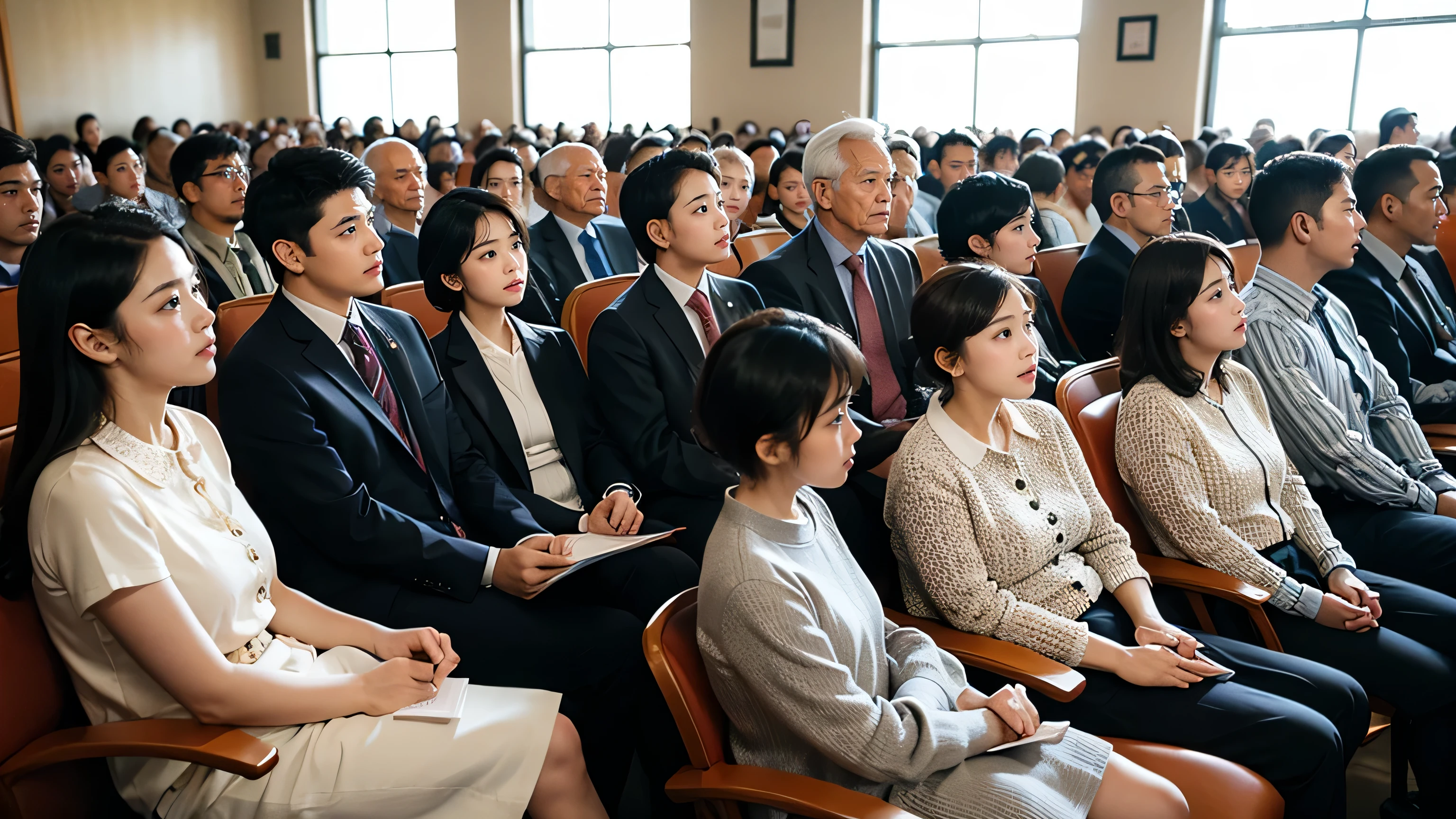 In the auction hall, rows of seats, similar to cinema seats, floor by floor, sitting rich businessmen from all over the world, men and women, all with shocked faces, open mouths in surprise, excited expressions, lighting, similar to cinema scenes, colorful, magnificent, master works, super high details, masterpieces, the best picture quality