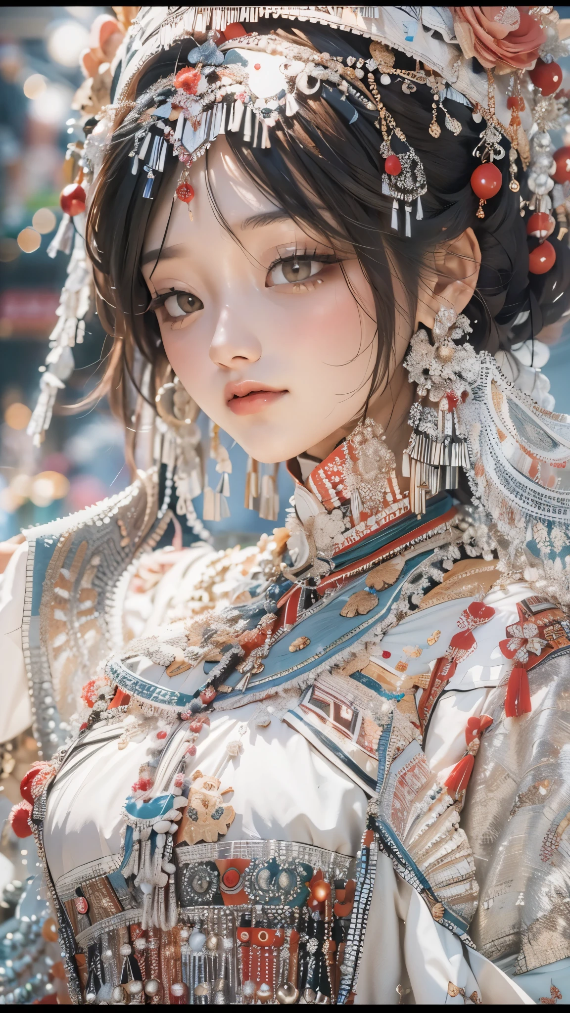 (good structure),high dynamic range,ultra high definition,8k,1 girl,Chinese Yi costumes,silver metal headpiece, brown eyes, earrings, have, jewelry,Yi ethnic metal jewelry,A huge metal have,Headwear metal tassels,Silver metal have, lace, lace trim, lips, long hair, looking at the audience, parted lips, alone, Upper body