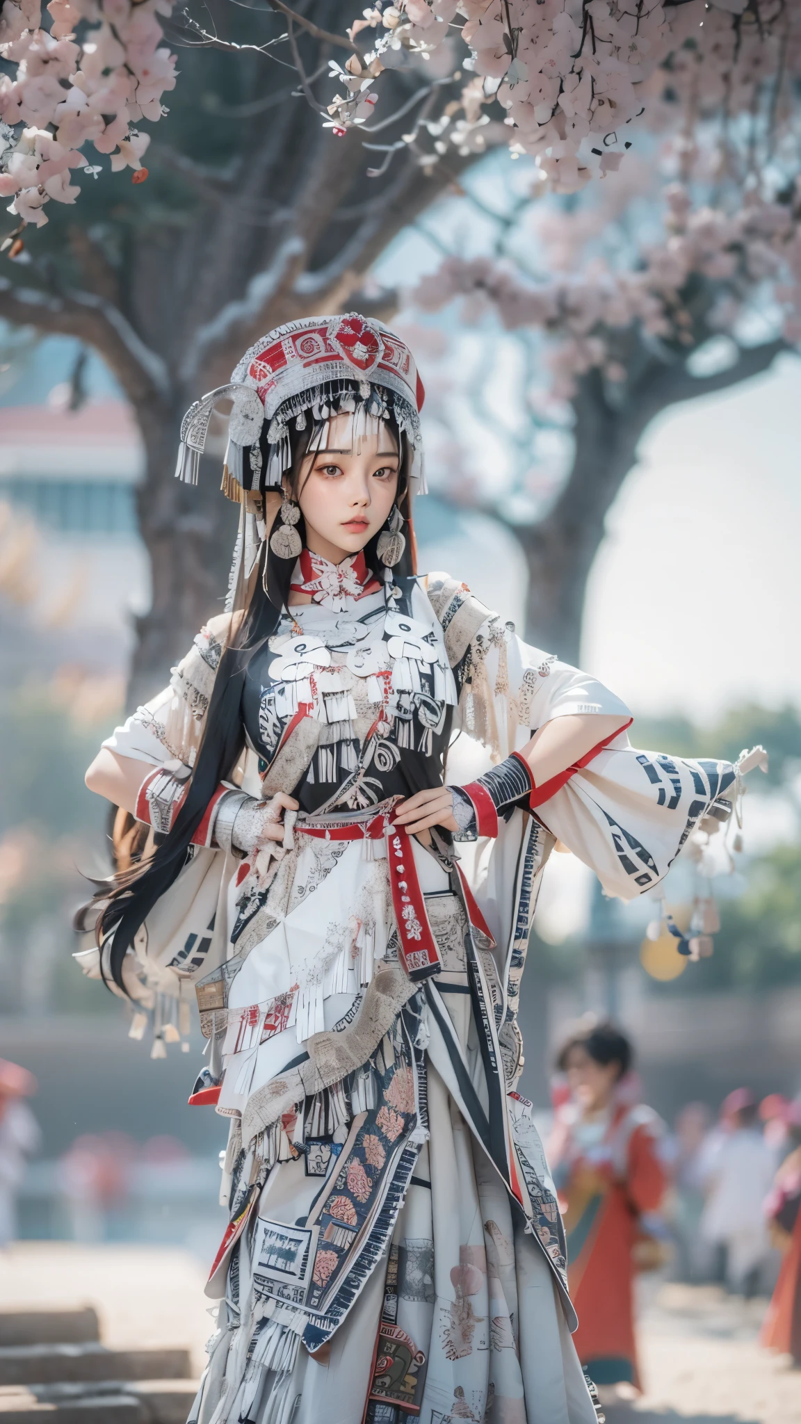 (good structure),high dynamic range,ultra high definition,8k,1 girl,Chinese Yi costumes,silver metal headpiece, brown eyes, earrings, have, jewelry,Yi ethnic metal jewelry,A huge metal have,Headwear metal tassels,Silver metal have, lace, lace trim, lips, long hair, looking at the audience, parted lips, alone, Upper body