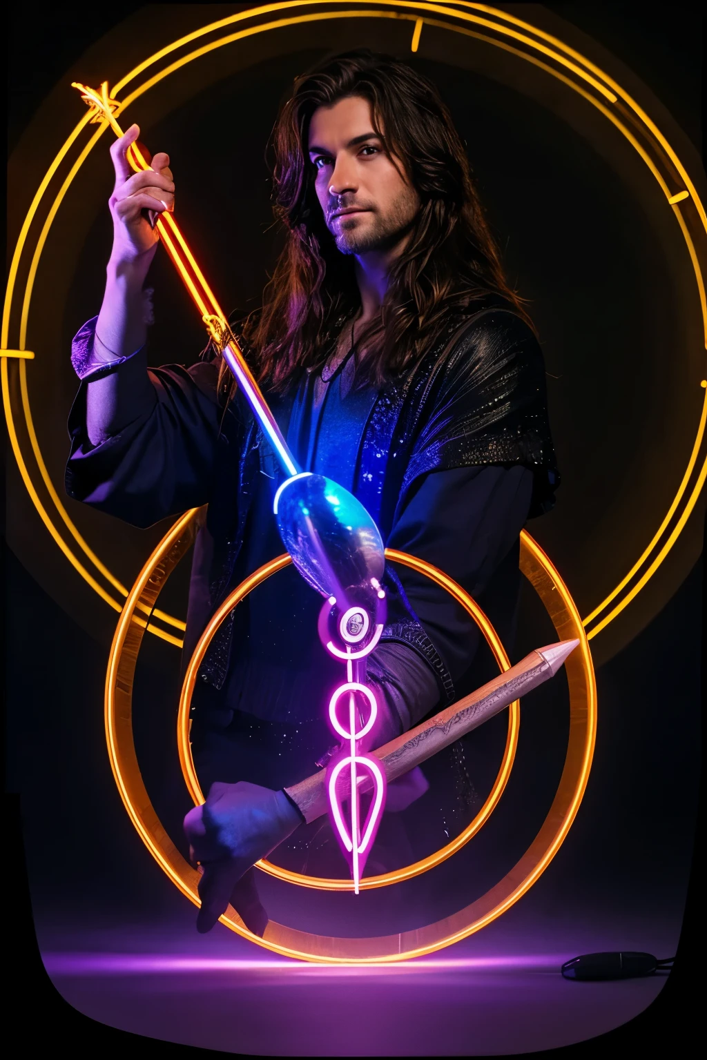 Male wizard with his wand reciting a spell with a neon magic circle