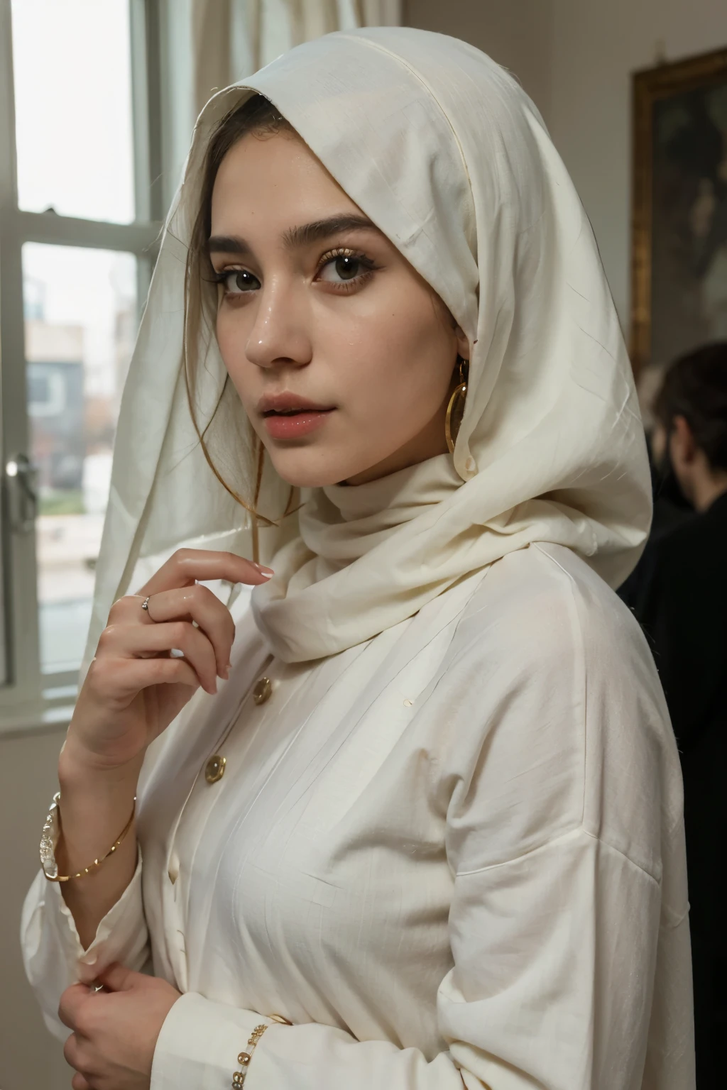 Araffe's wife in a white Hijab standing in a narrow alley, Hijab branco, young middle eastern woman, Beautiful Arab woman, Pale-skinned Persian girl scared look, wearing a headscarf, Mulher judia bonita, not wearing any jewelry,no jewelry or props Middle Eastern Skin, Shutterstock, Muslim, foto de retrato, vestido com roupa de rua antiga, inspirado em Modest Urgell, Hijab, em uma rua da cidade