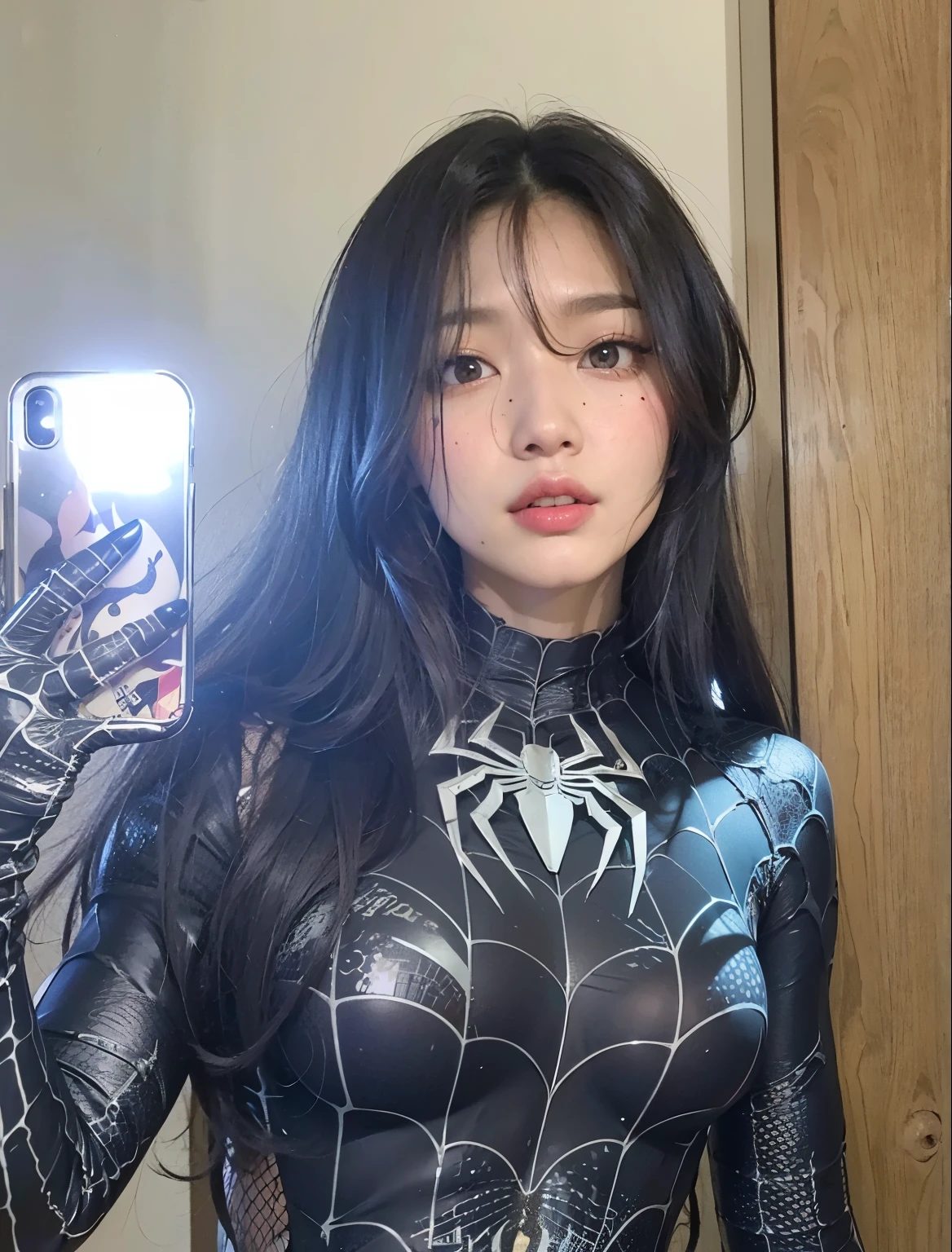 Arafed woman dressed as spiderman taking a selfie in a mirror, ( ( Spider woman ) ), Spider woman, iu lee ji-eun como supervillano, Spider woman!!, mila jovovich as Spider woman, lara croft as Spider woman, Spider woman!!!!!, Park Shin Hye as a super villain, gema chen, gemma-chan