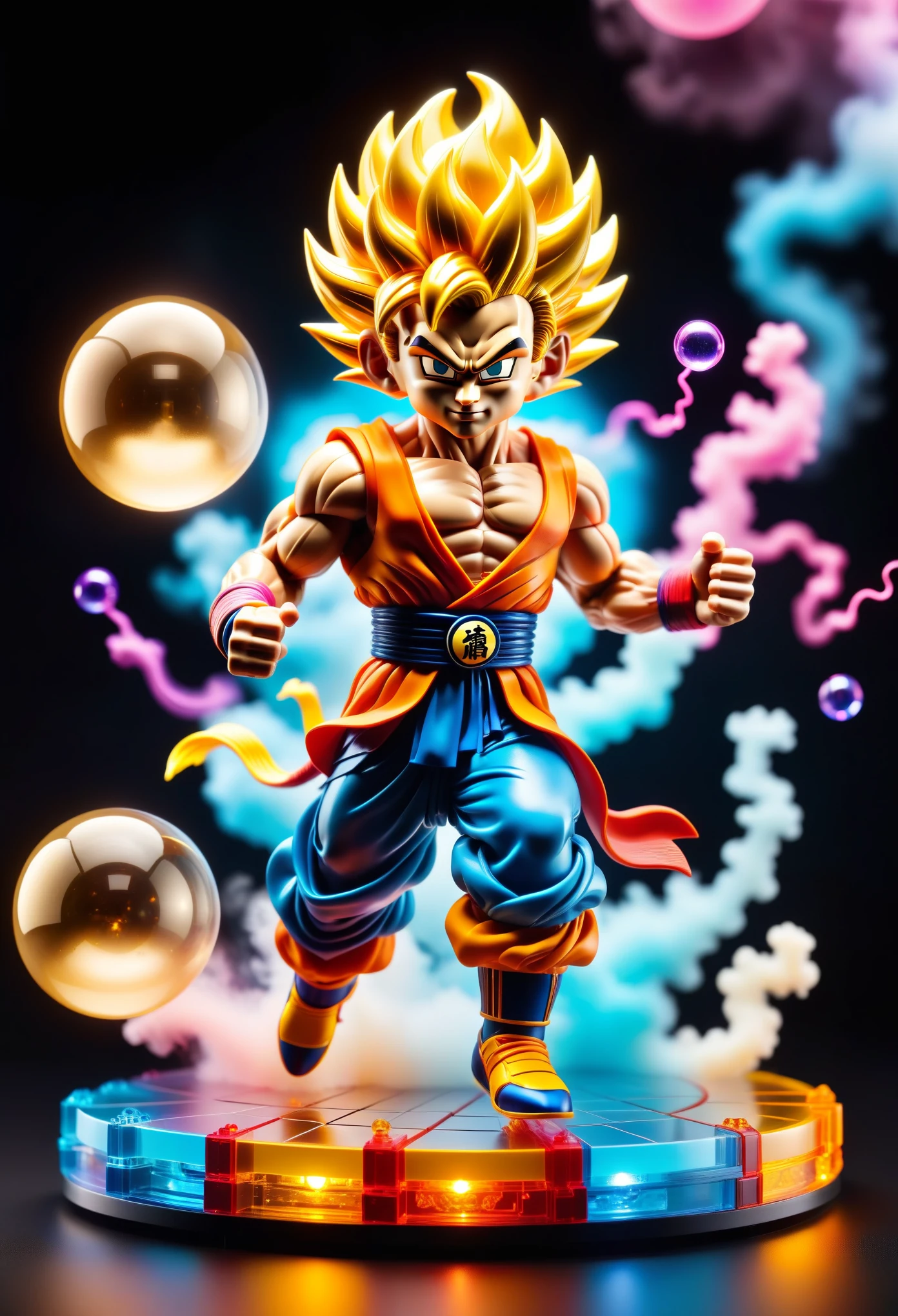 Sun Wukong (Kakarot),《Dragon Ball》,cute,miniature,close-up,obvious features,muscular,kung fu,building blocks,LED light source,glowing,high-tech,new materials,colorful,neon,semi-transparent,lightning,color burst,vaporwave,bubbles,evaporating,vibrant colors,full body,limb movements,motion capture,looking up from below,smoke-filled,misty,encircled.