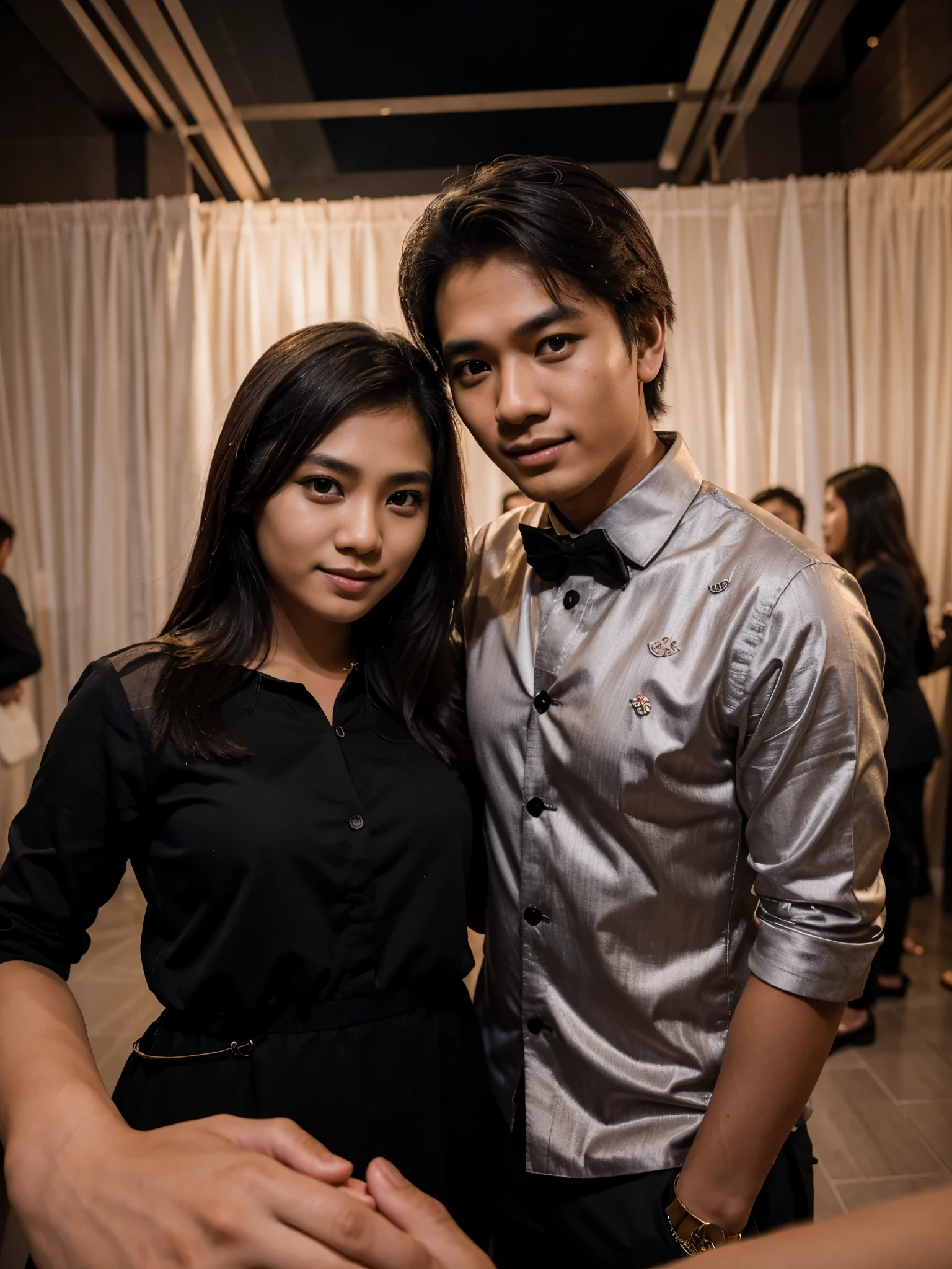 photo of a young couple from Indonesia in formal clothes taking a photo together at a party at night. photography, super detailed, realistic, ultra HD, 8K Resolution, facial details.